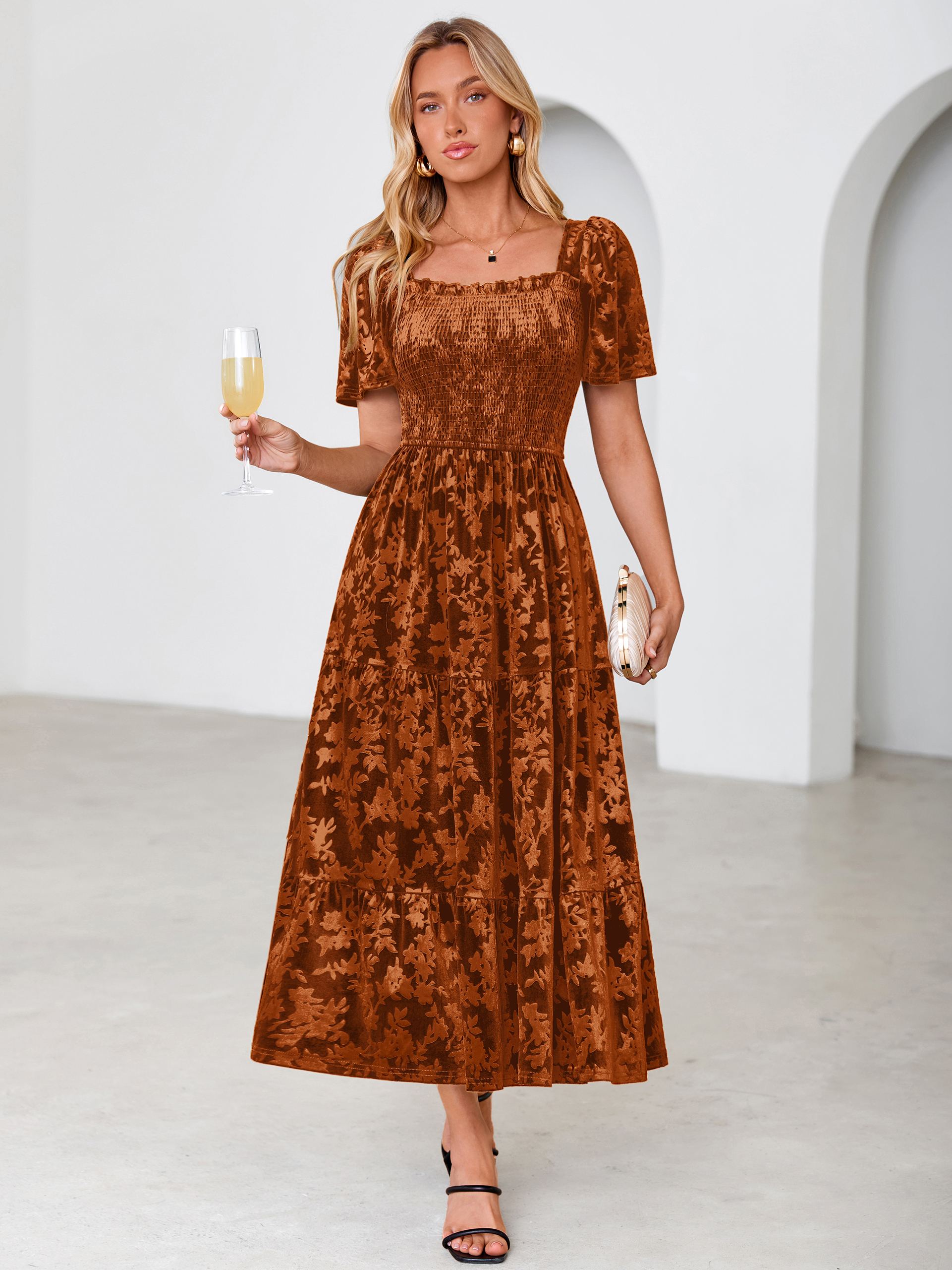 Square Neck Smocked Velvet Short Sleeve Maxi Dress