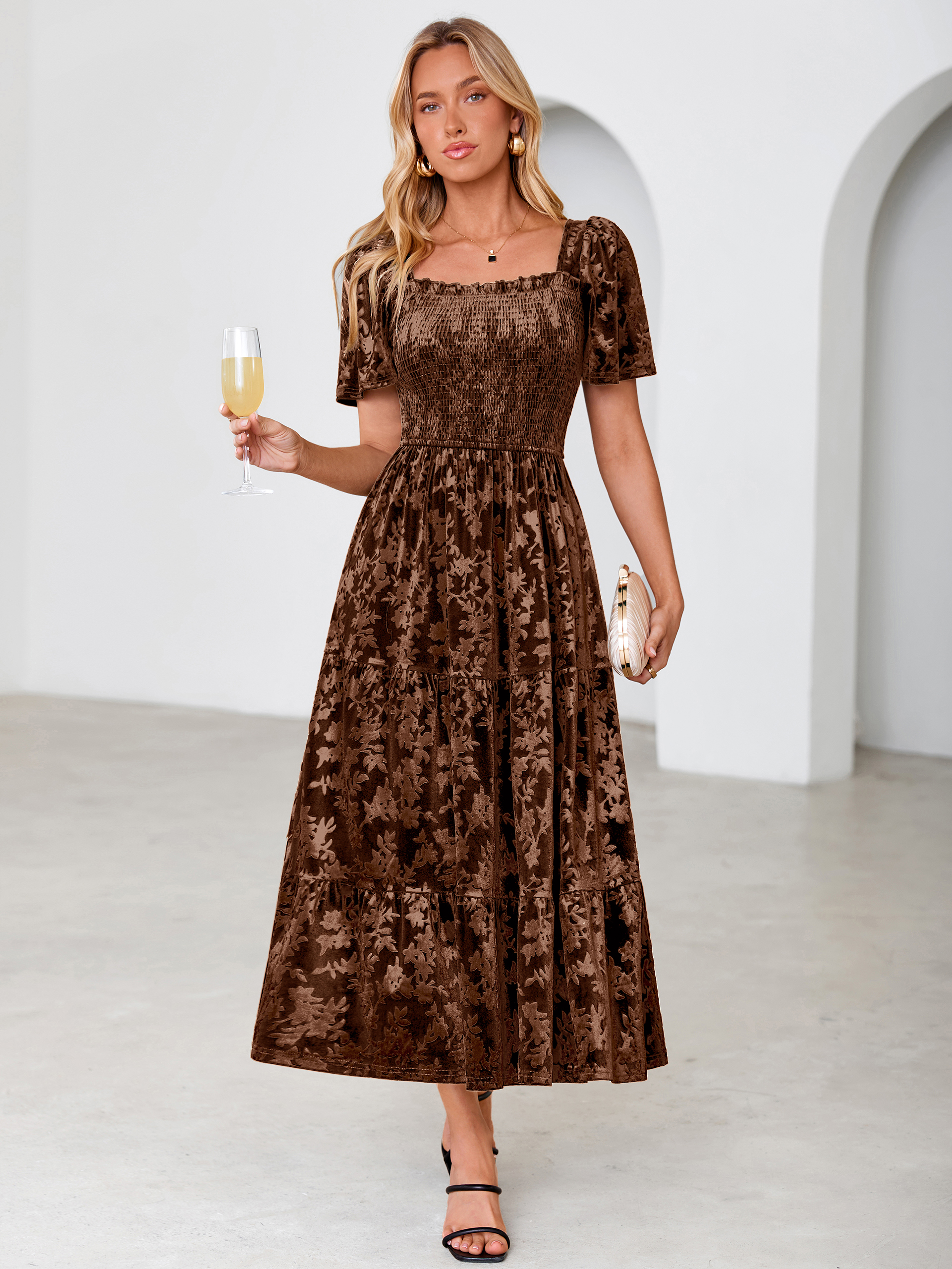 Square Neck Smocked Velvet Short Sleeve Maxi Dress