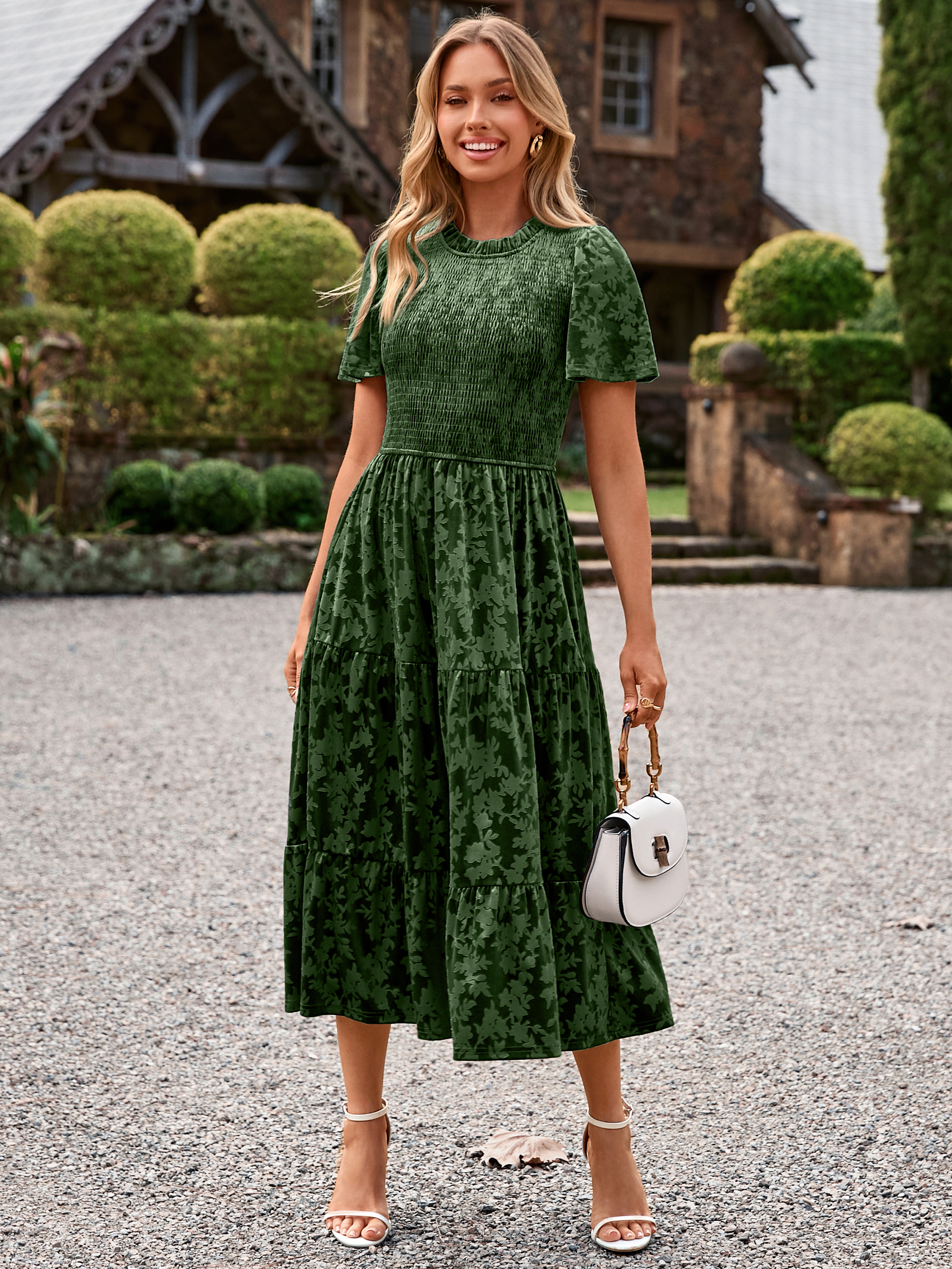 Ruffle Neck Smocked Velvet Floral Maxi Dress