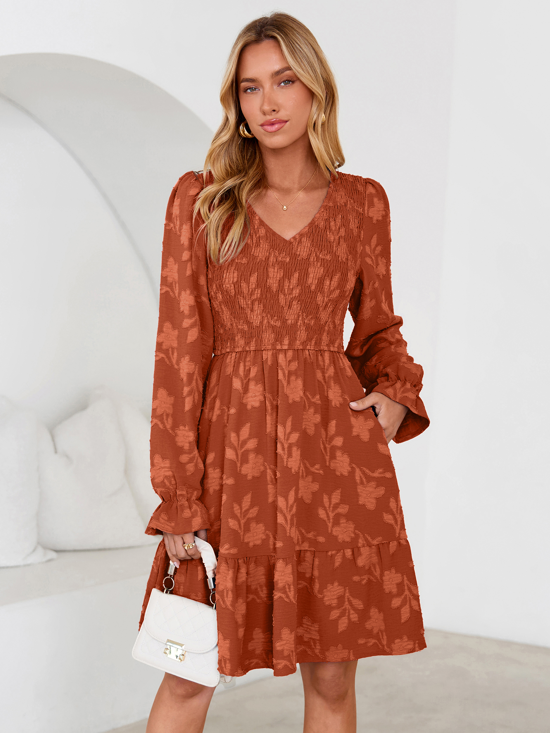 Floral Textured Smocked V Neck A Line Mini Dress