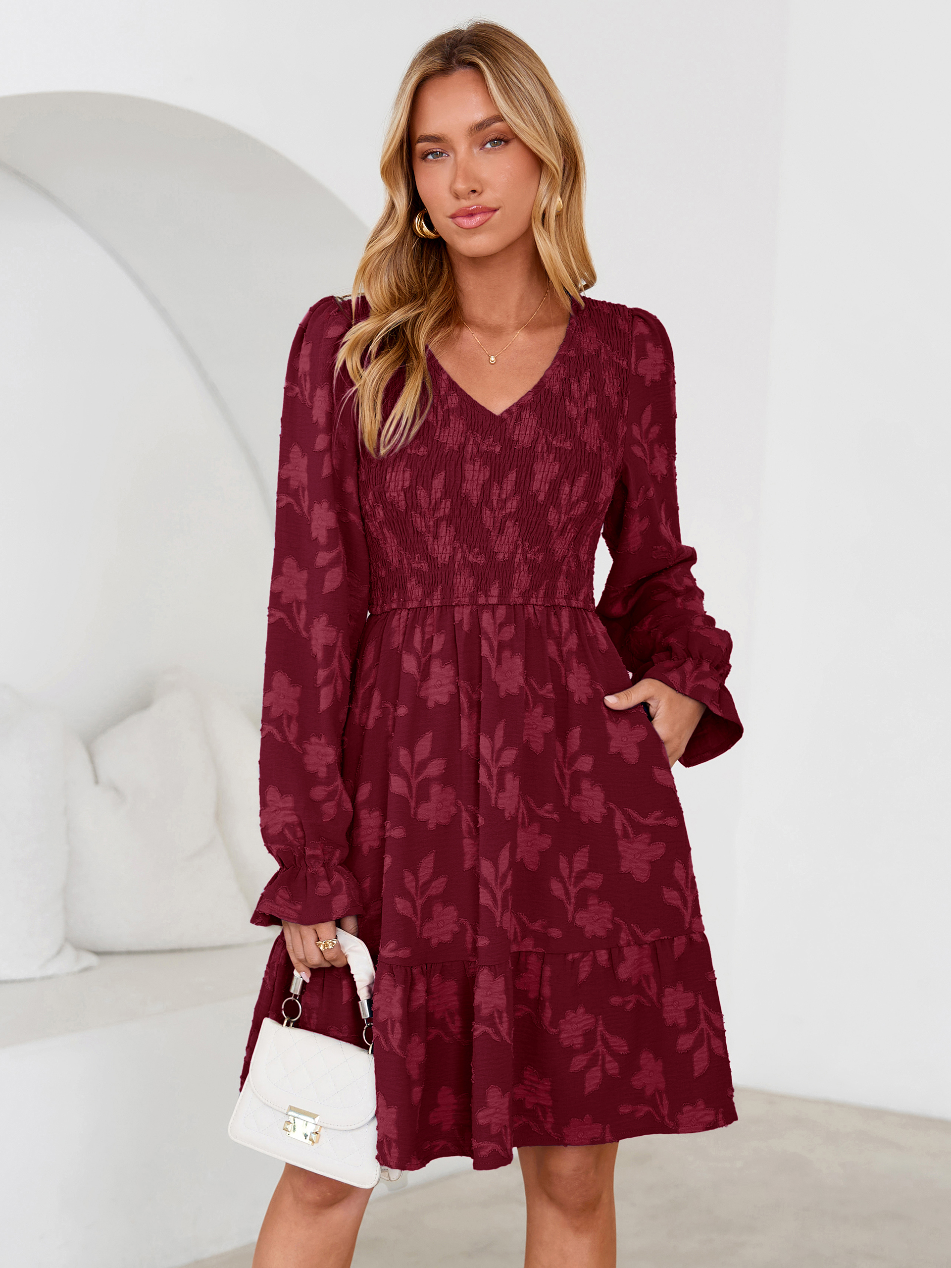Floral Textured Smocked V Neck A Line Mini Dress