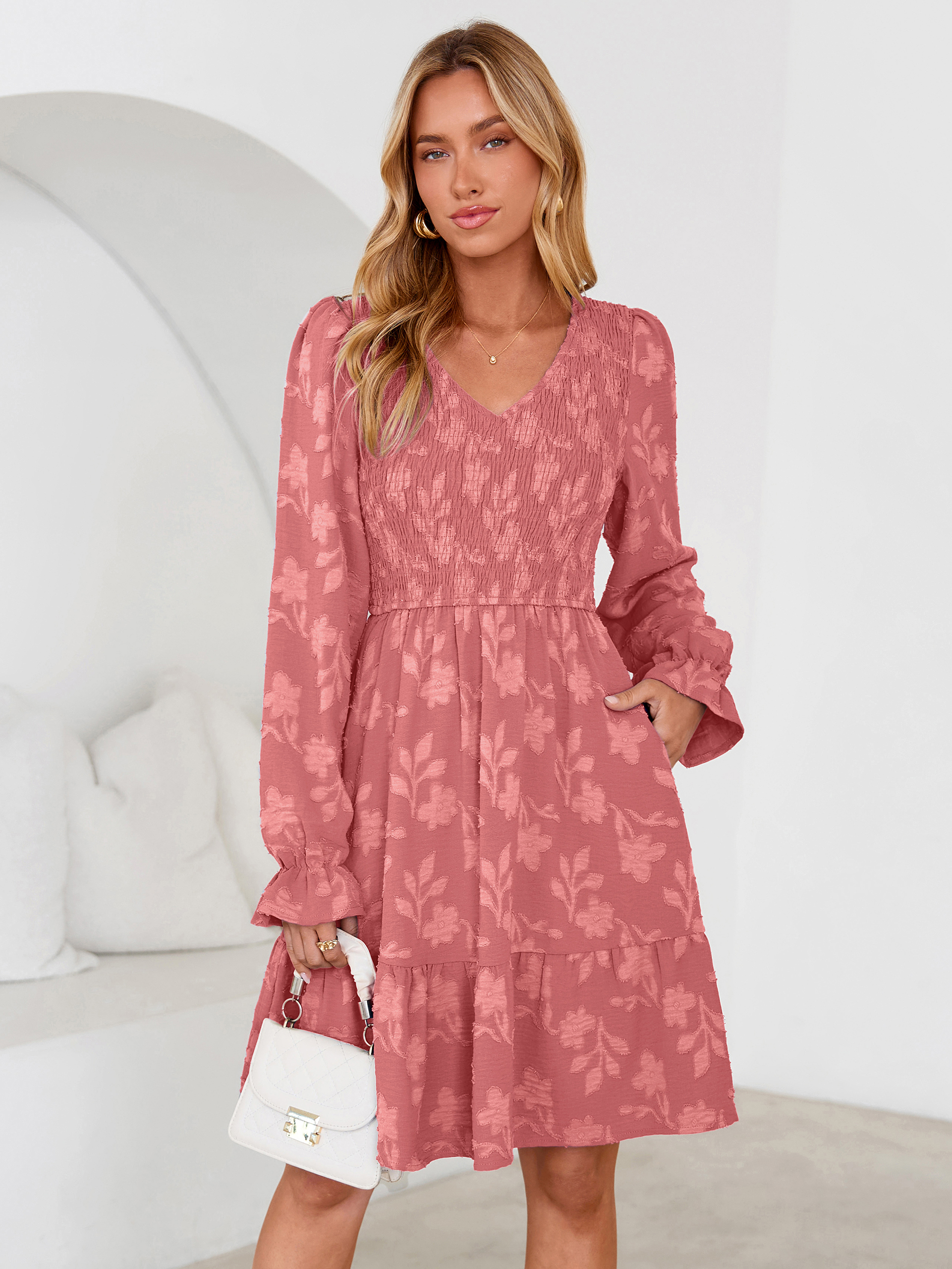 Floral Textured Smocked V Neck A Line Mini Dress