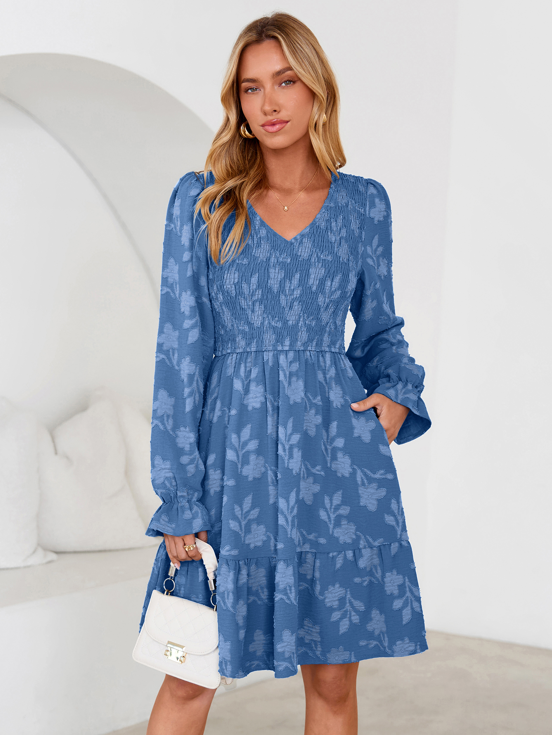 Floral Textured Smocked V Neck A Line Mini Dress