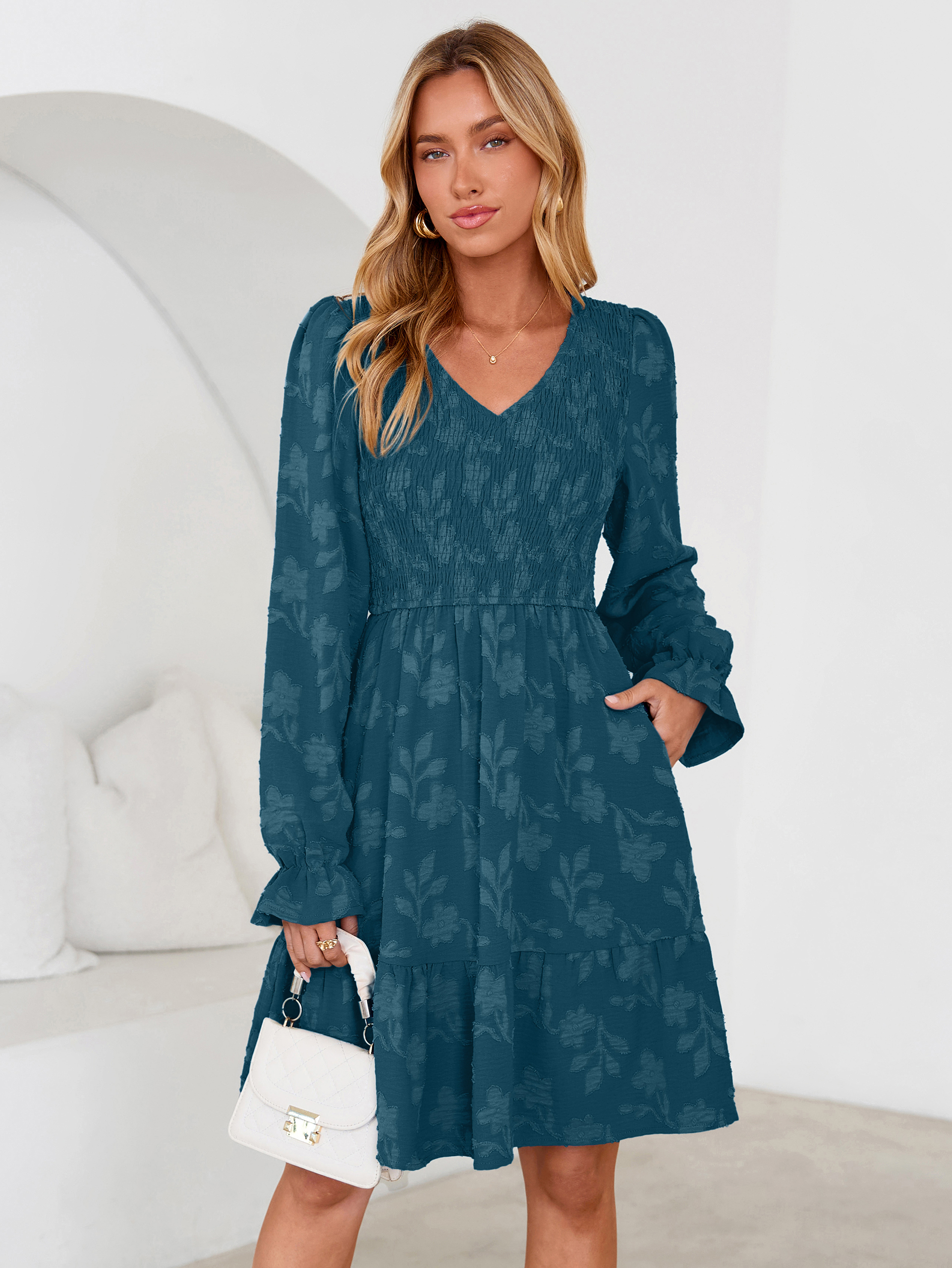 Floral Textured Smocked V Neck A Line Mini Dress