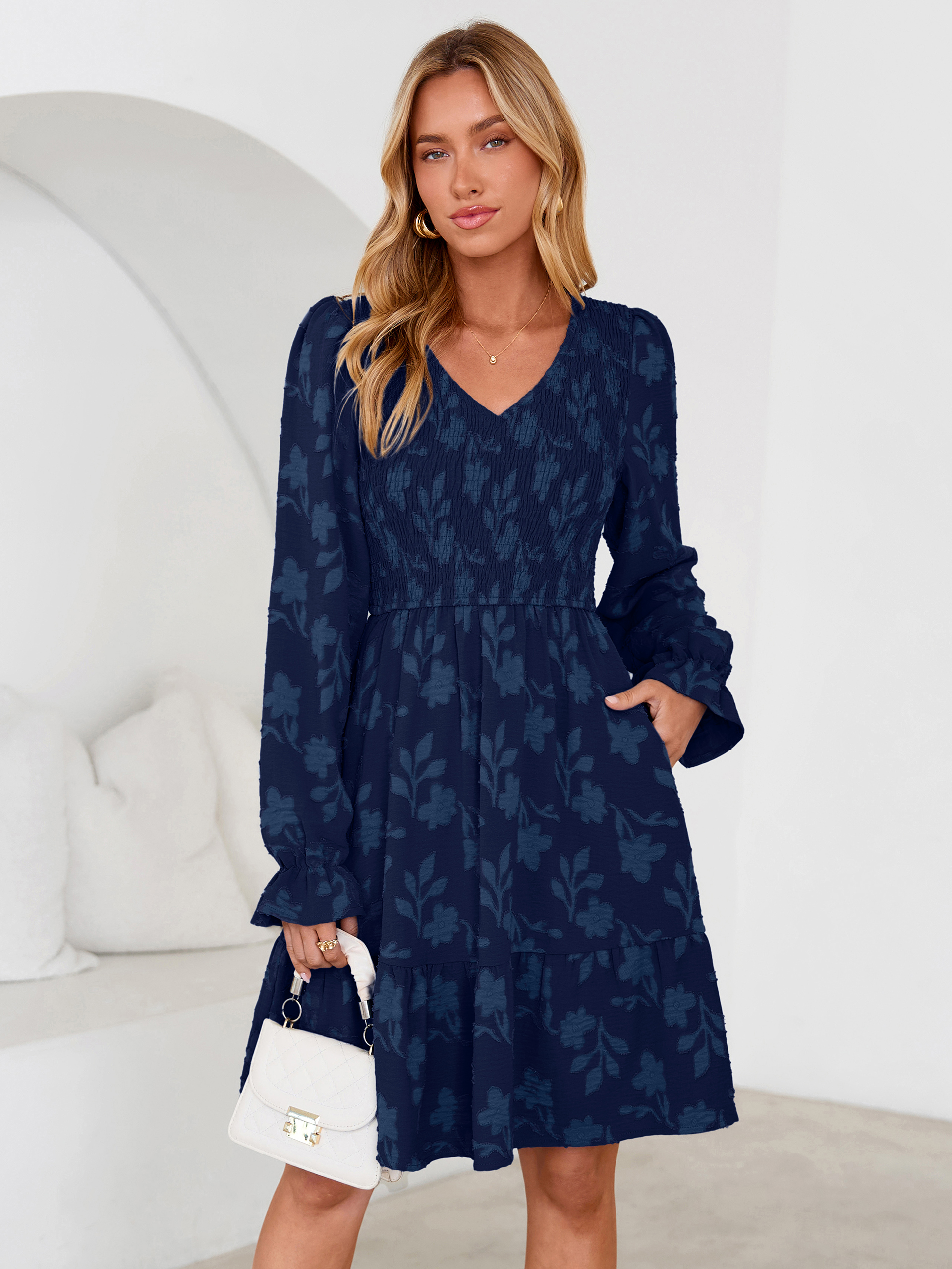 Floral Textured Smocked V Neck A Line Mini Dress