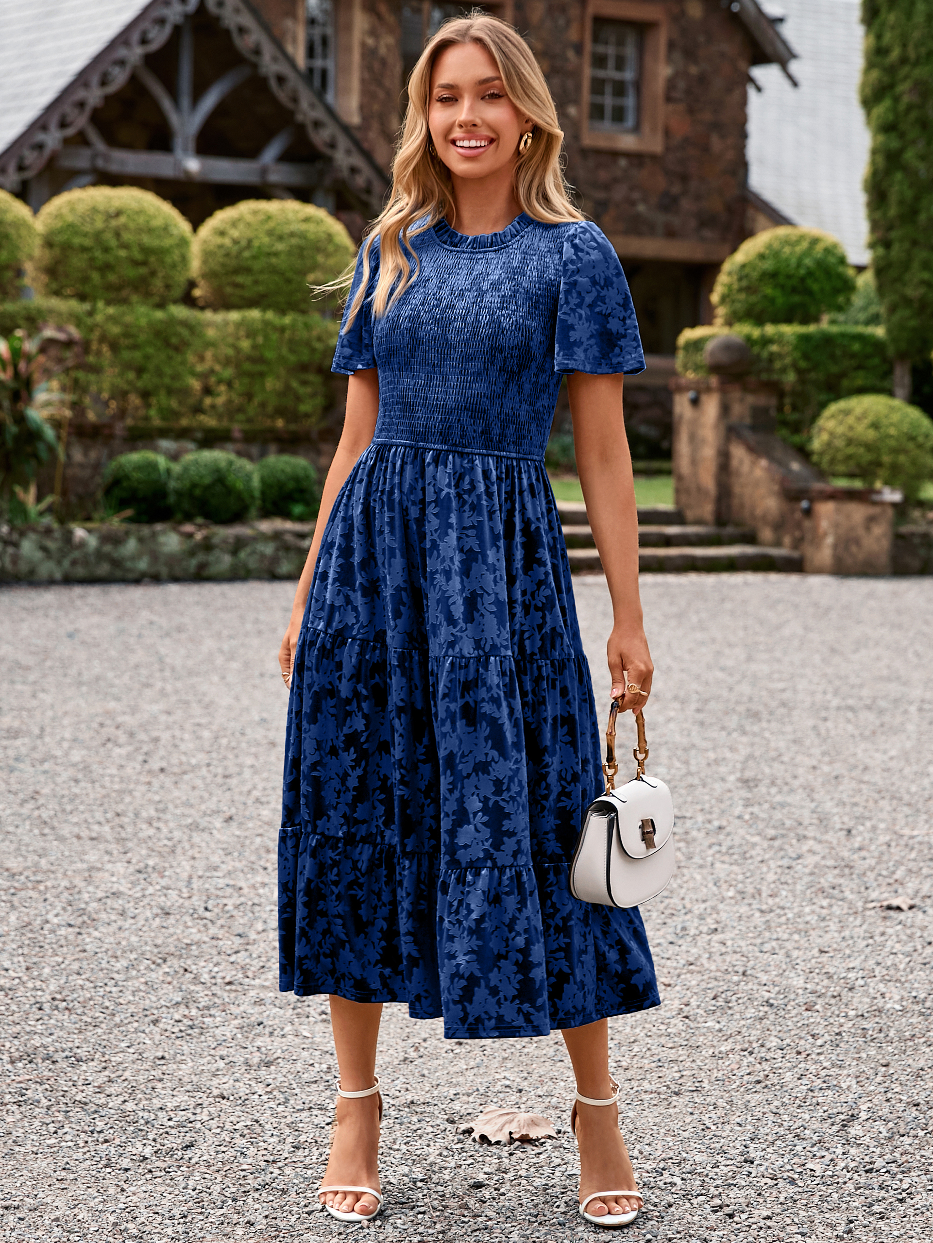 Ruffle Neck Smocked Velvet Floral Maxi Dress