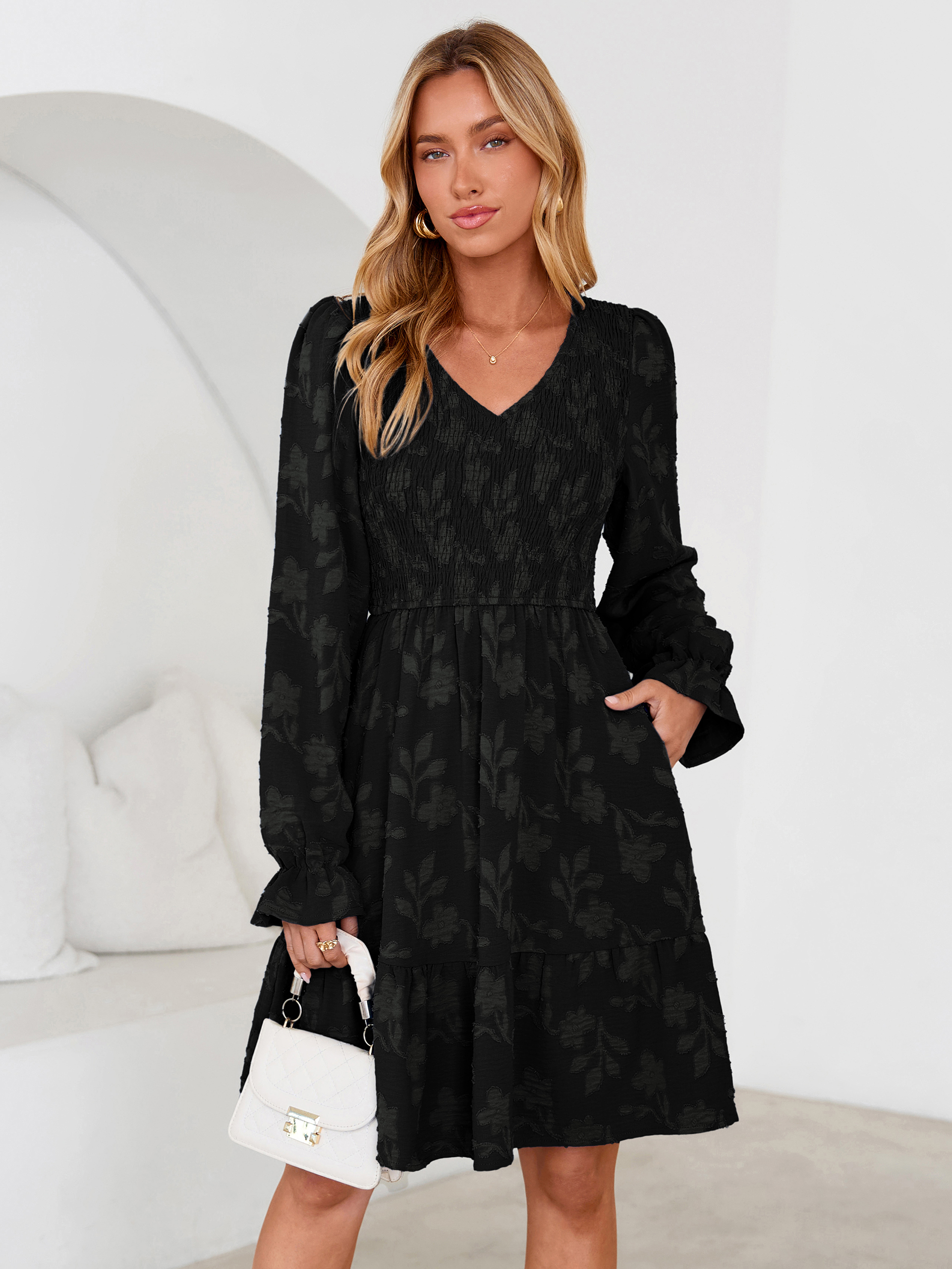 Floral Textured Smocked V Neck A Line Mini Dress