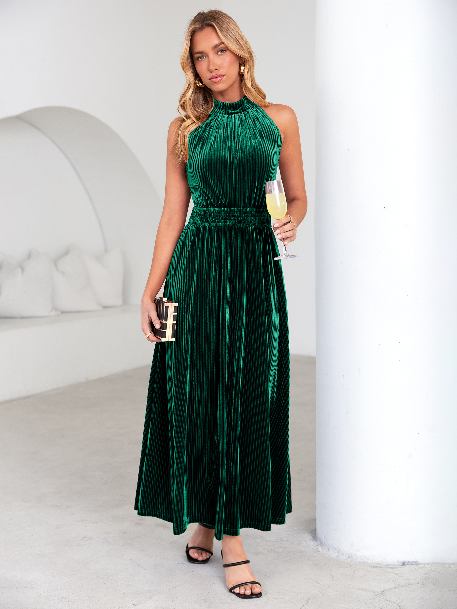 Ribbed Velvet Halter Smocked Maxi Dress - Dark Green