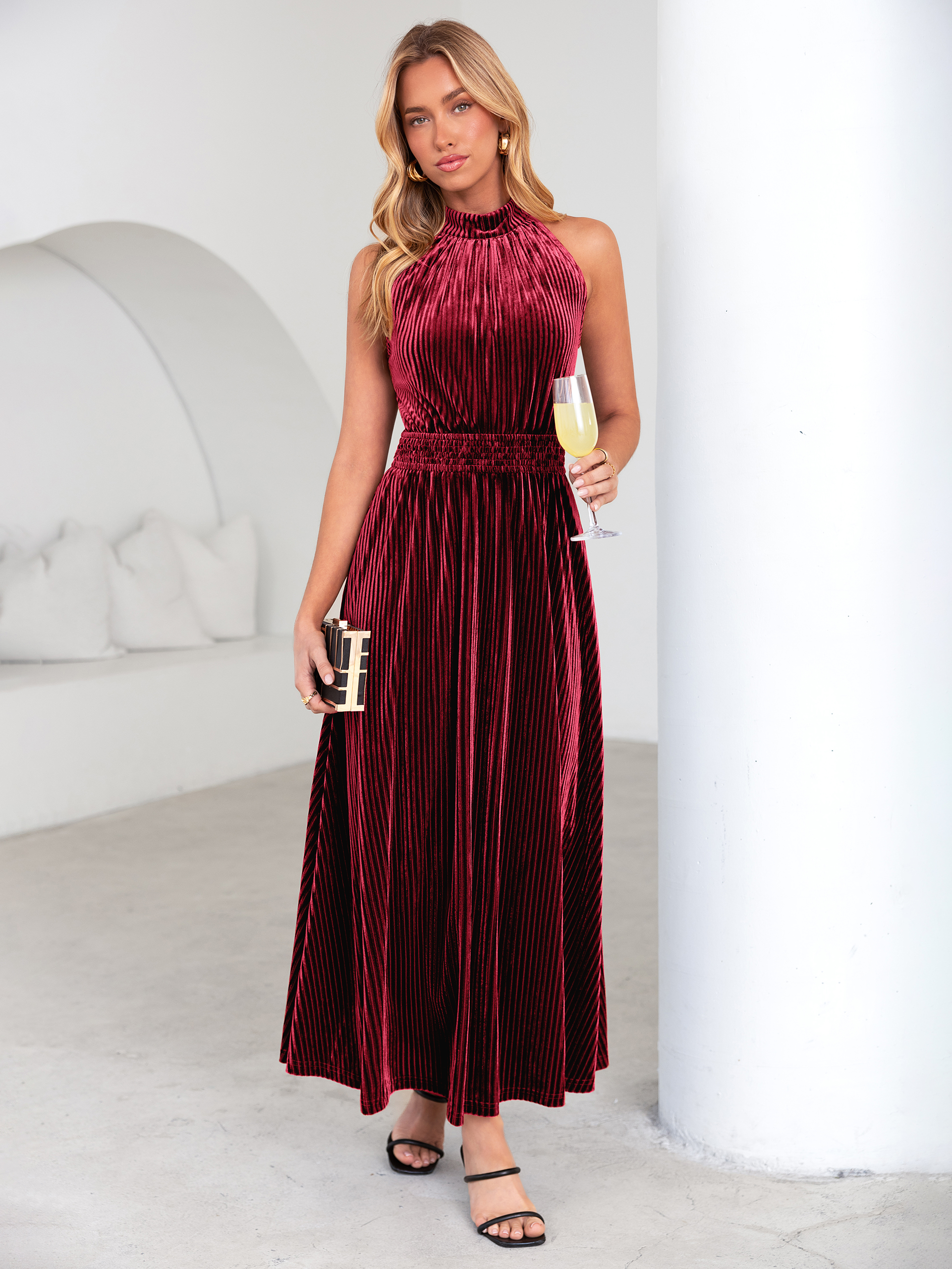 Ribbed Velvet Halter Smocked Maxi Dress - Burgundy