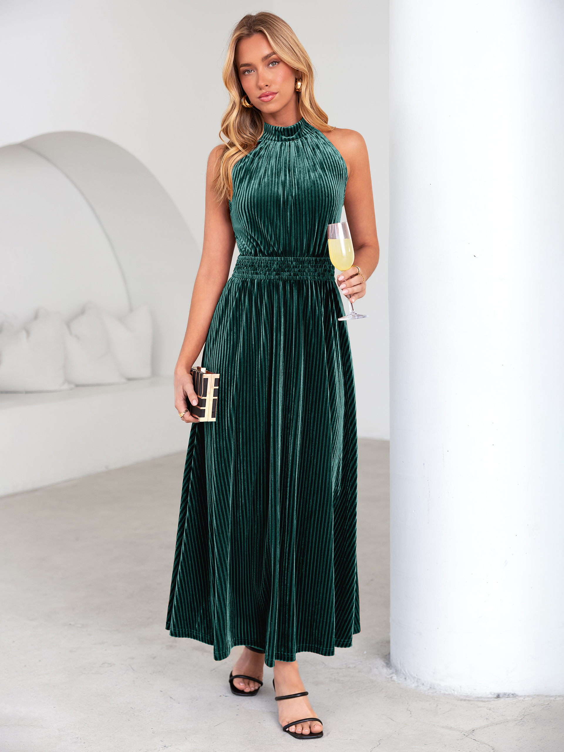 Ribbed Velvet Halter Smocked Maxi Dress - Lake Green