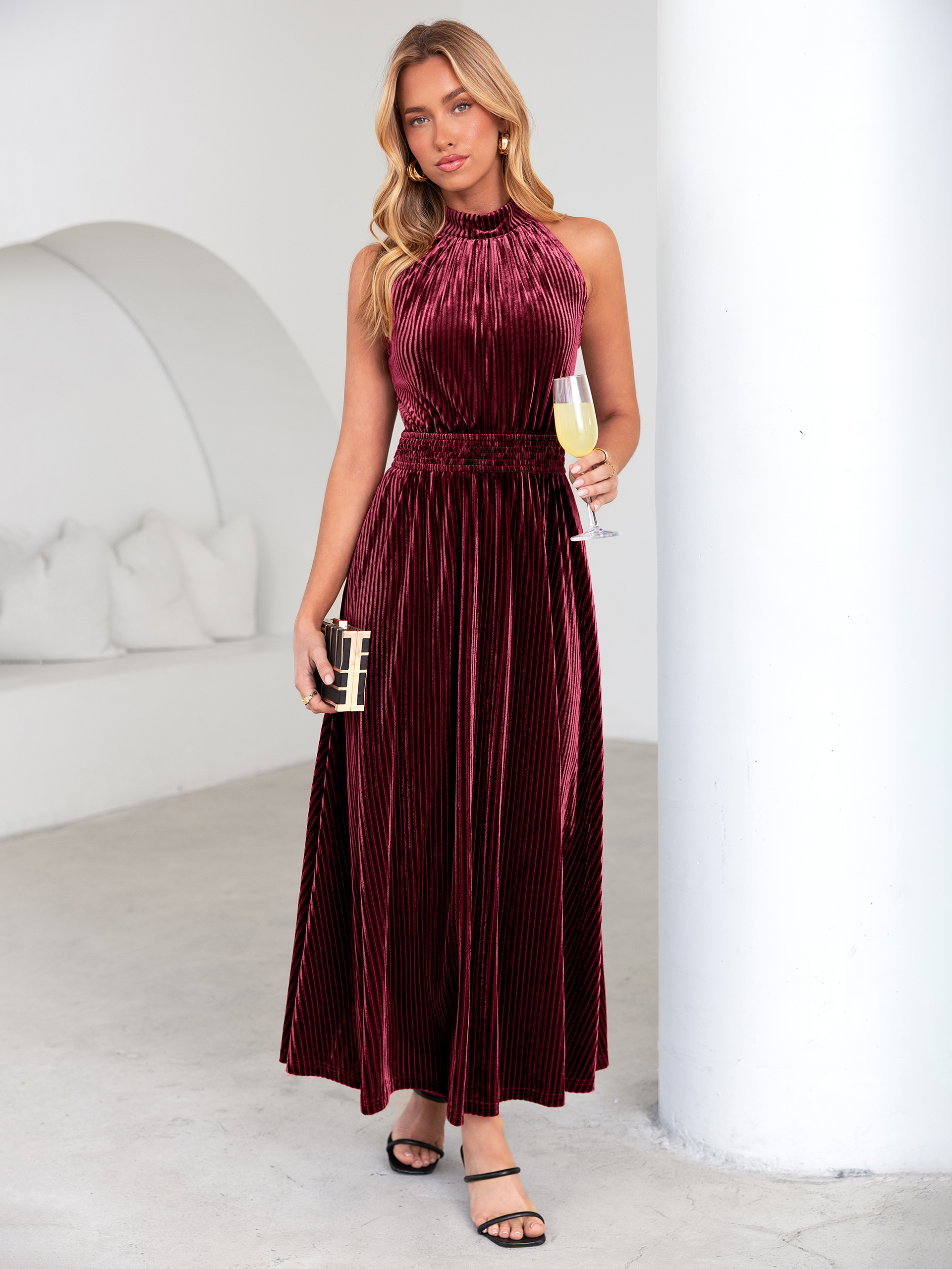 Ribbed Velvet Halter Smocked Maxi Dress - Purple