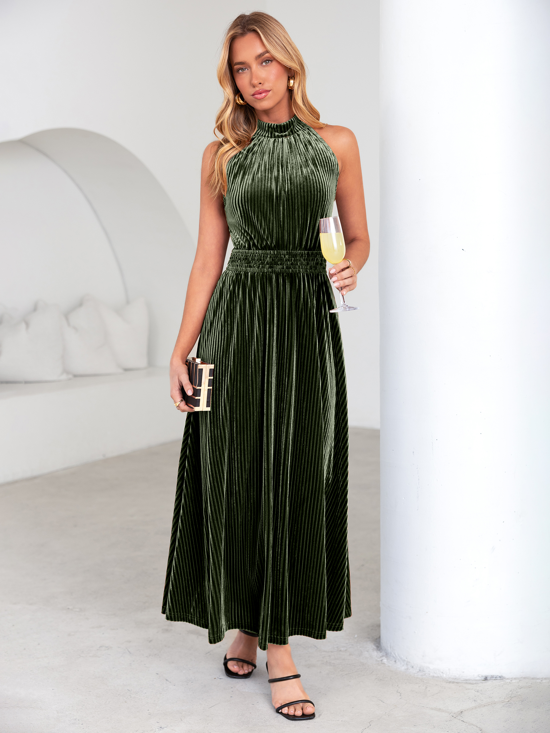 Ribbed Velvet Halter Smocked Maxi Dress - Army Green