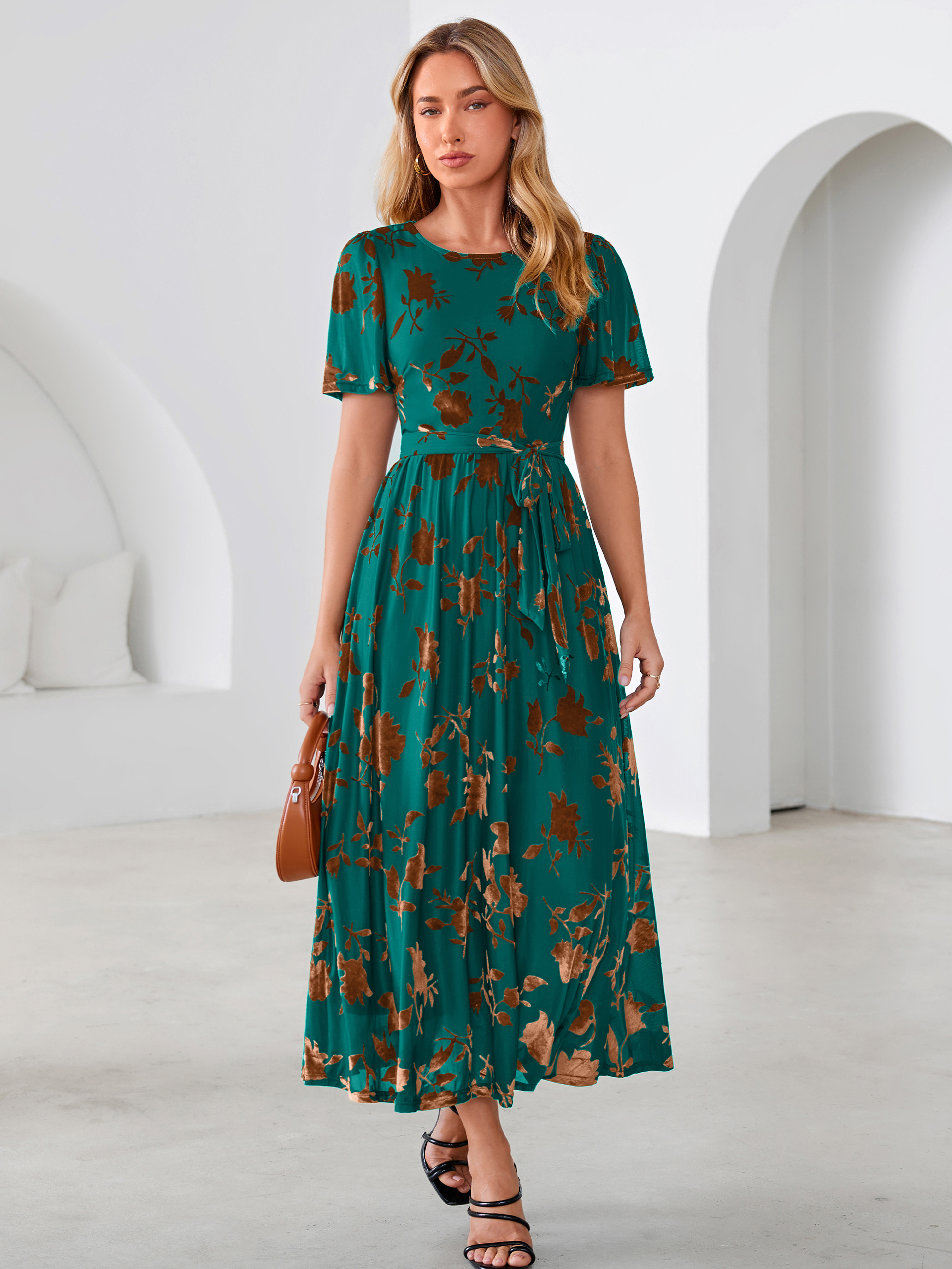 Velvet Floral Tie Waist Flutter Sleeve Maxi Dress