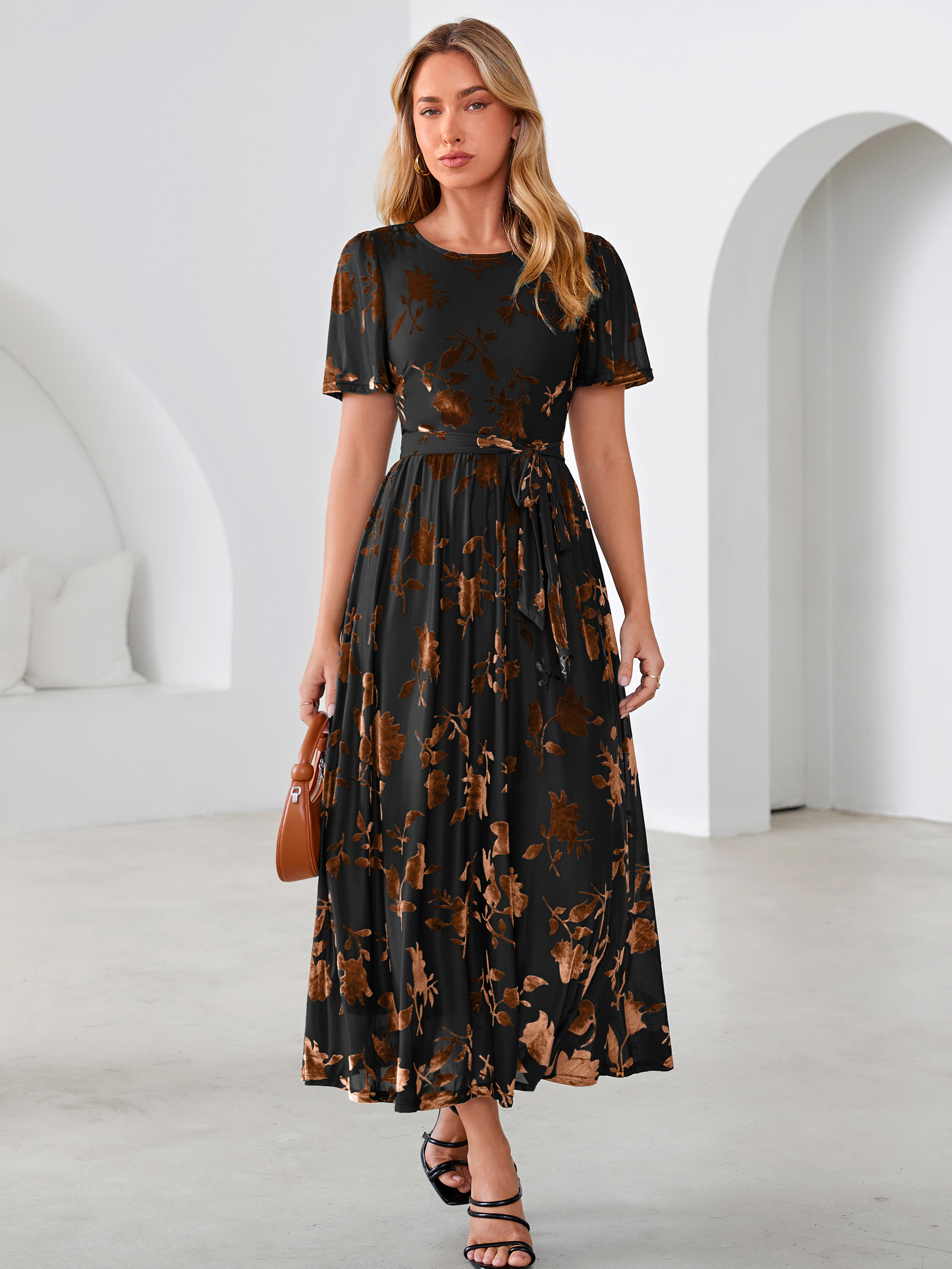 Velvet Floral Tie Waist Flutter Sleeve Maxi Dress
