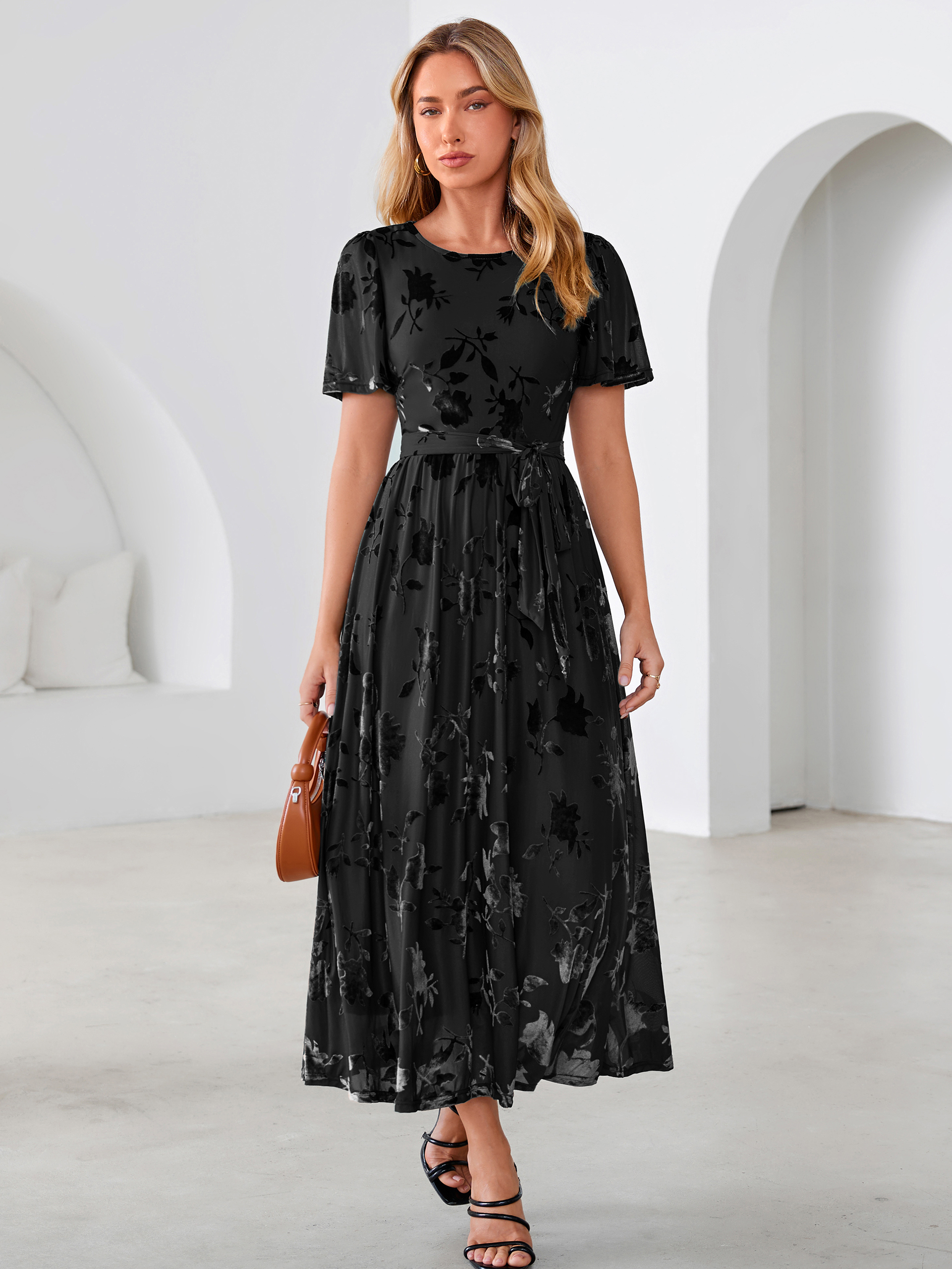 Velvet Floral Tie Waist Flutter Sleeve Maxi Dress