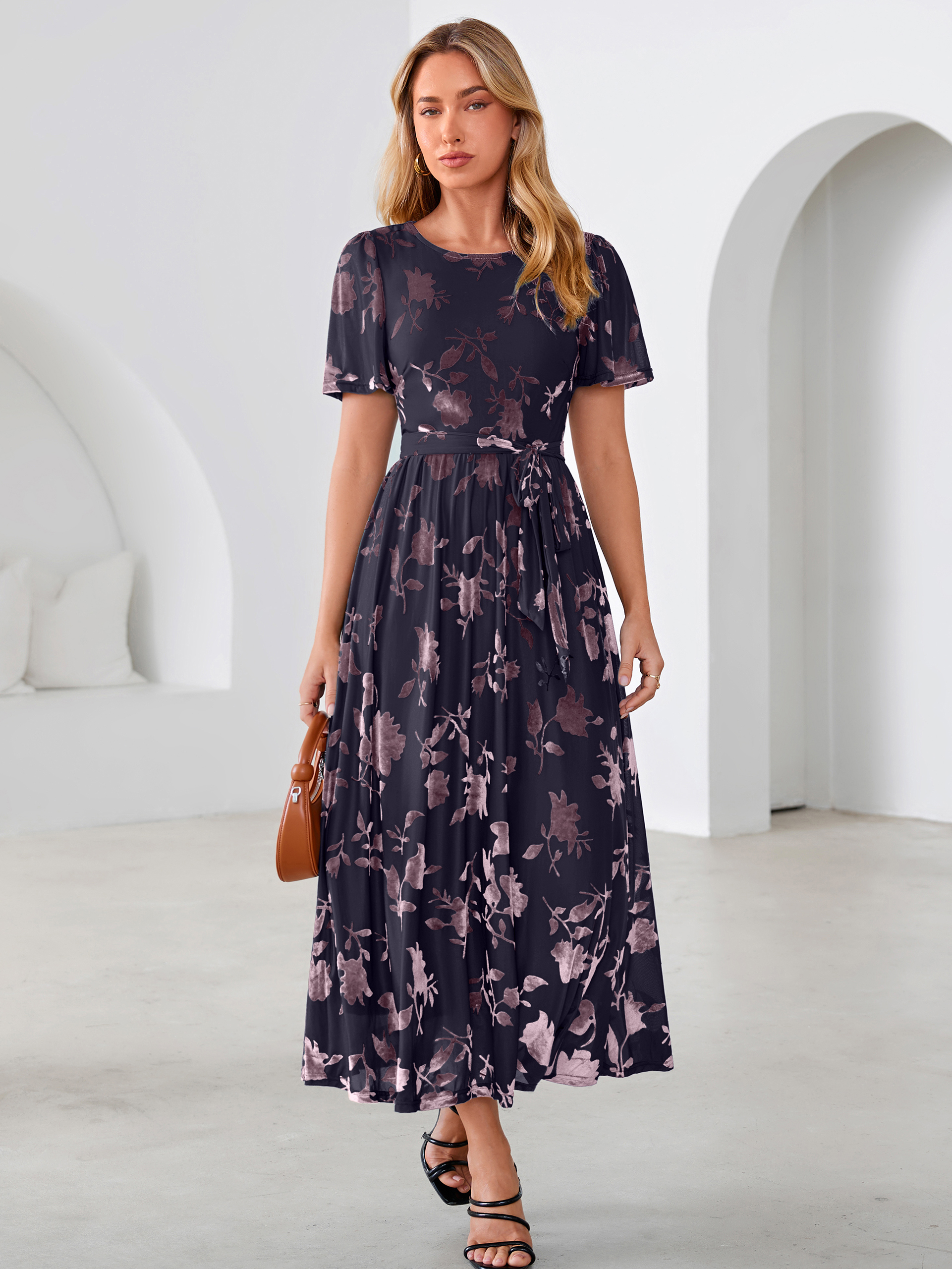 Velvet Floral Tie Waist Flutter Sleeve Maxi Dress