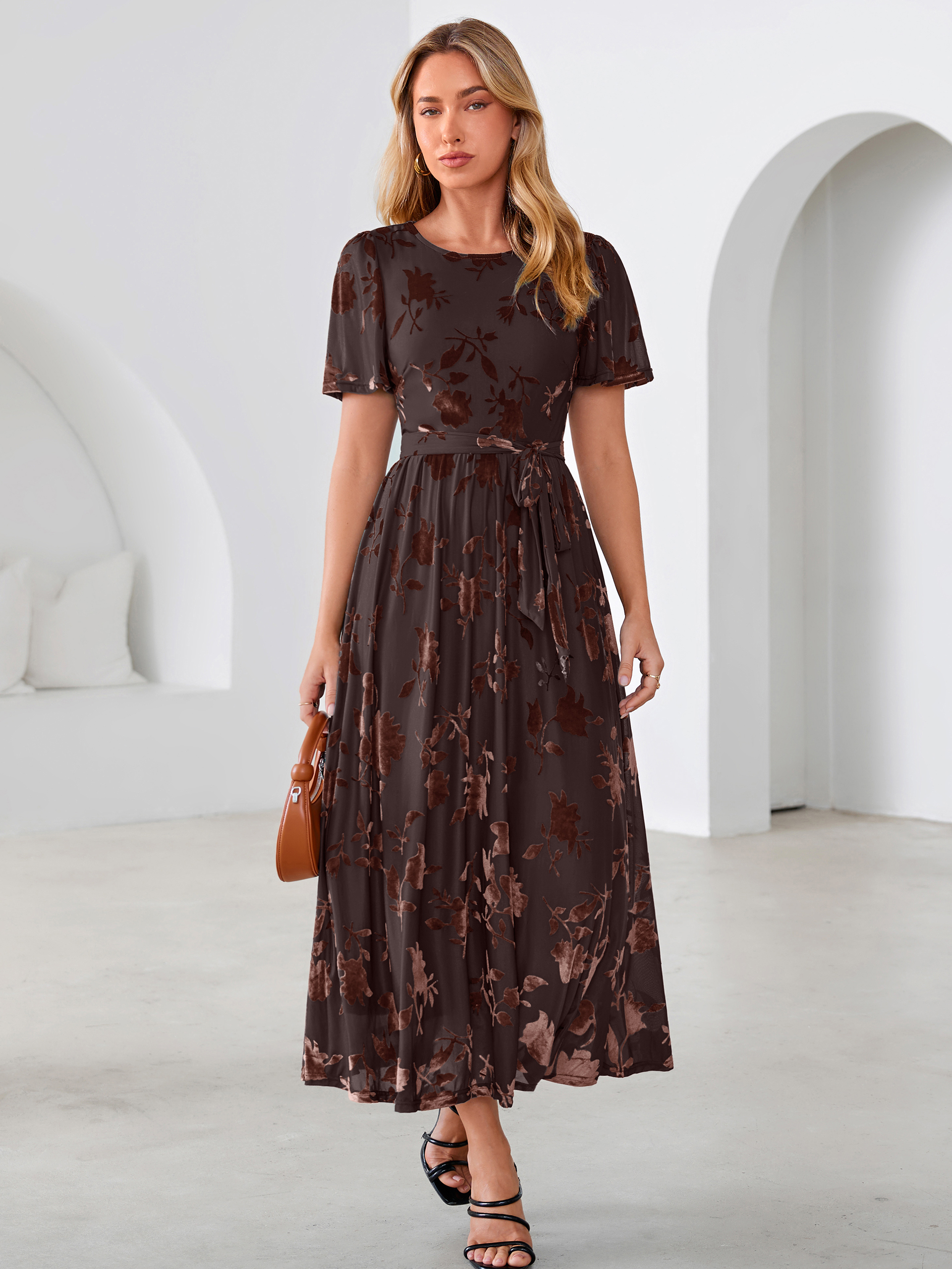 Velvet Floral Tie Waist Flutter Sleeve Maxi Dress
