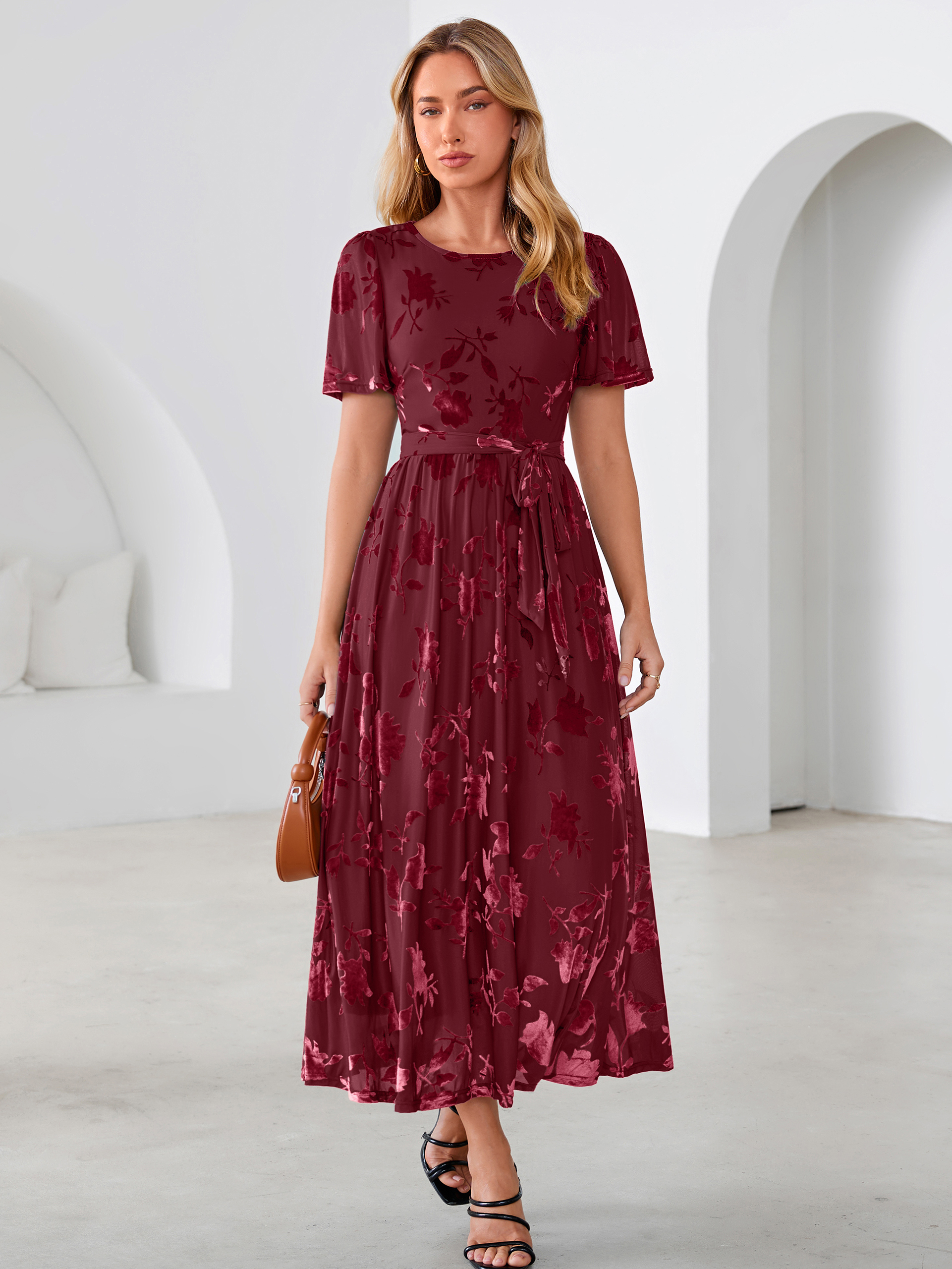 Velvet Floral Tie Waist Flutter Sleeve Maxi Dress