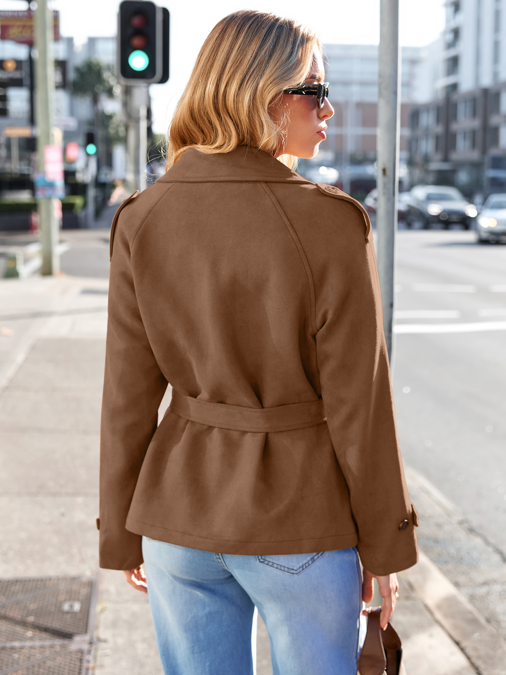 Classic Lapel Belted Faux Suede Trench Jacket