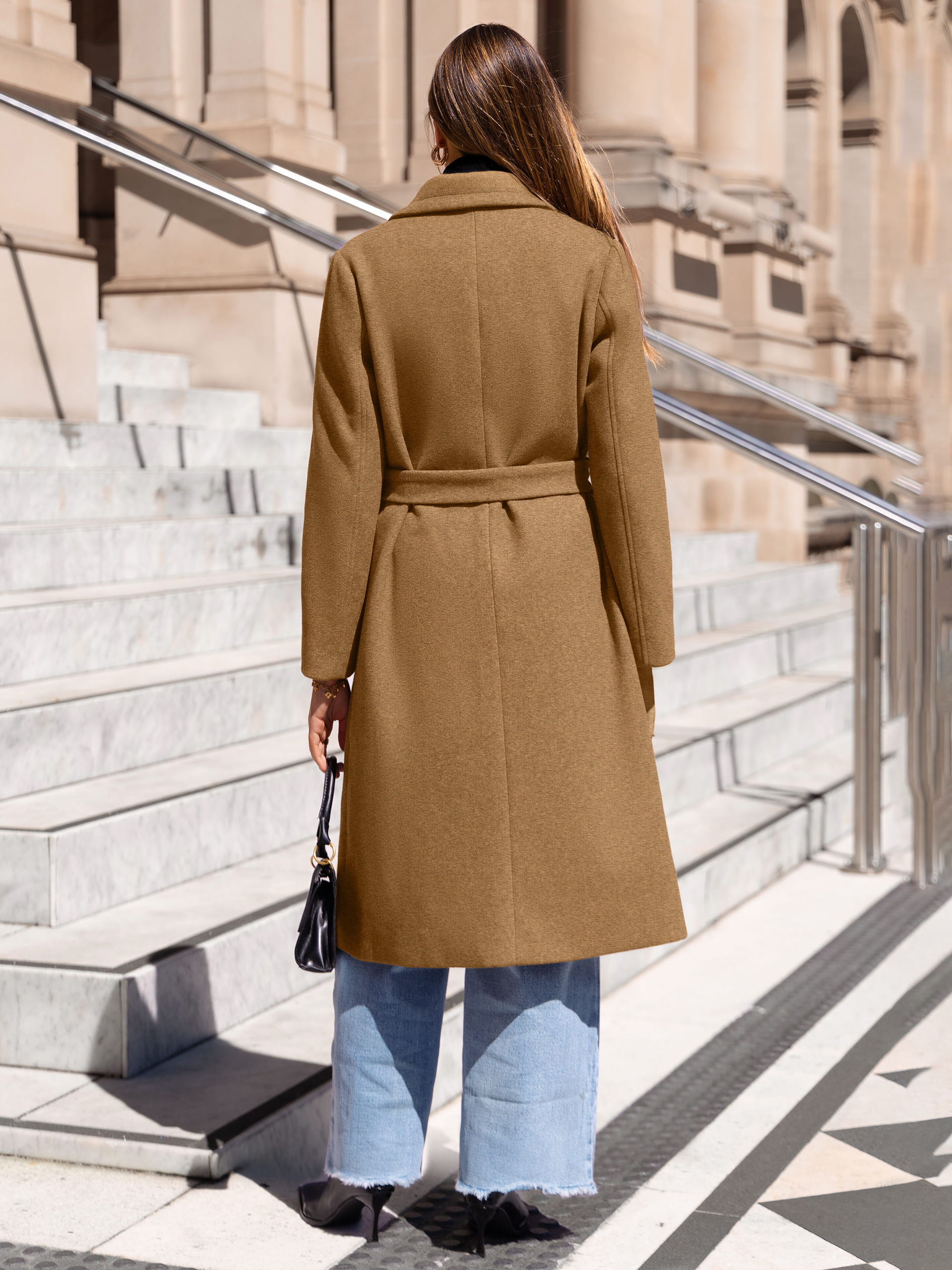 Longline Wool Blend Trench Coat with Belt - Camel