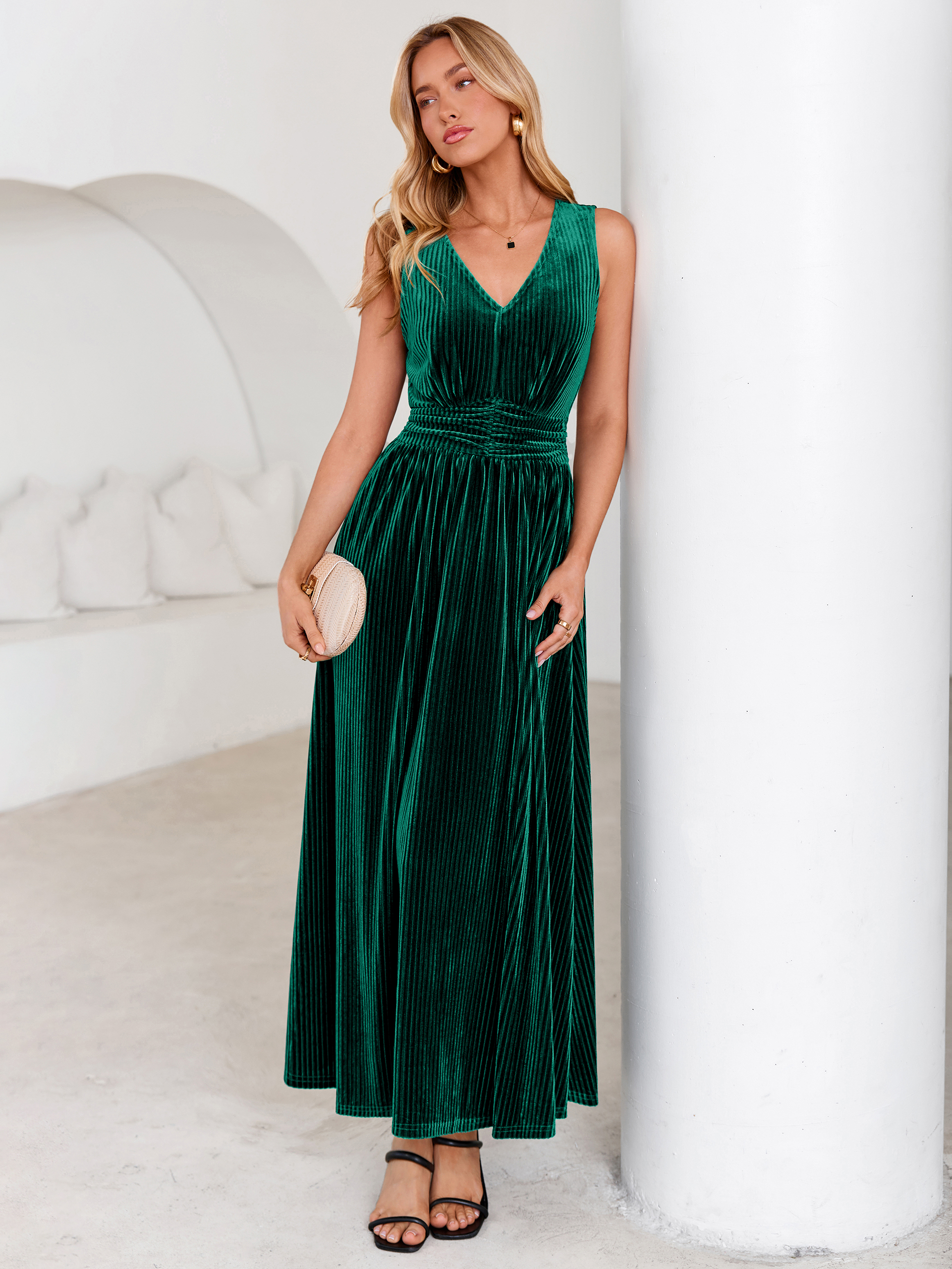 Sleeveless Deep V Neck Ribbed Velvet Maxi Dress