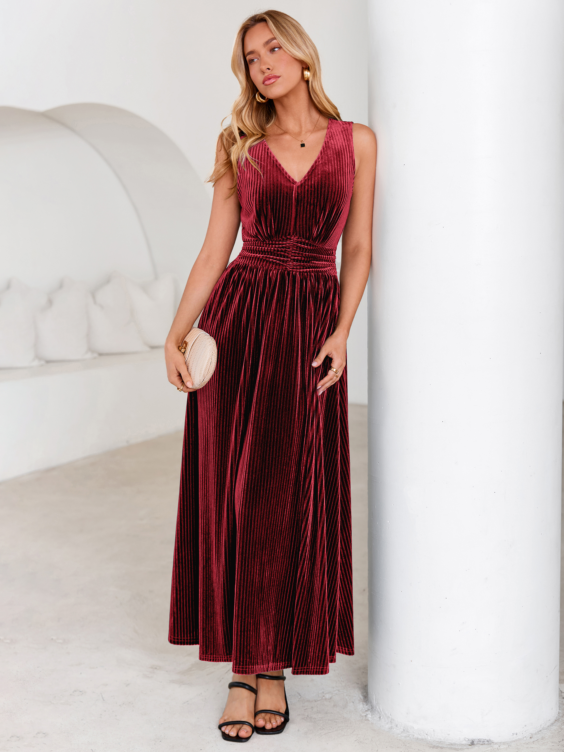 Sleeveless Deep V Neck Ribbed Velvet Maxi Dress
