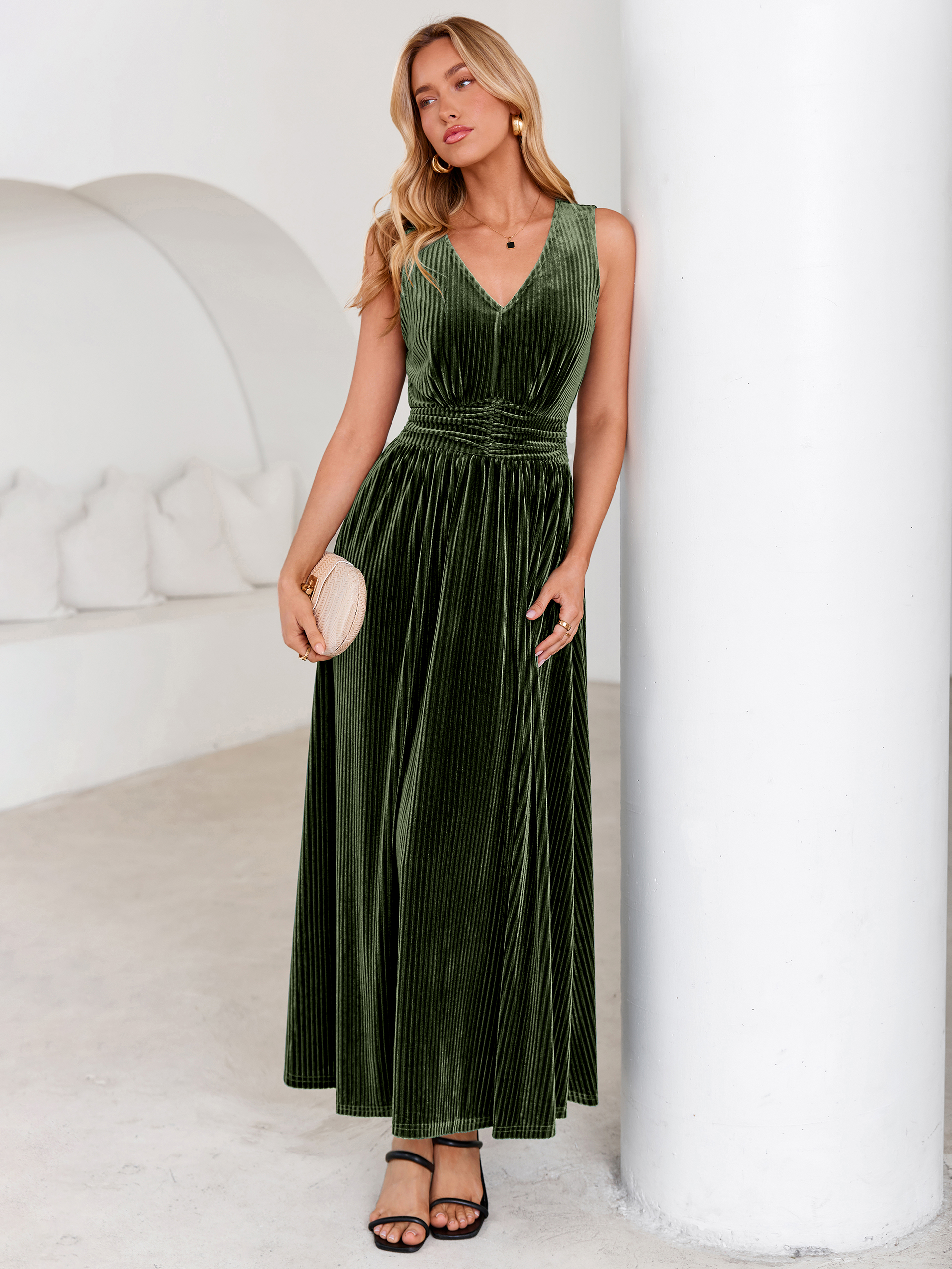 Sleeveless Deep V Neck Ribbed Velvet Maxi Dress