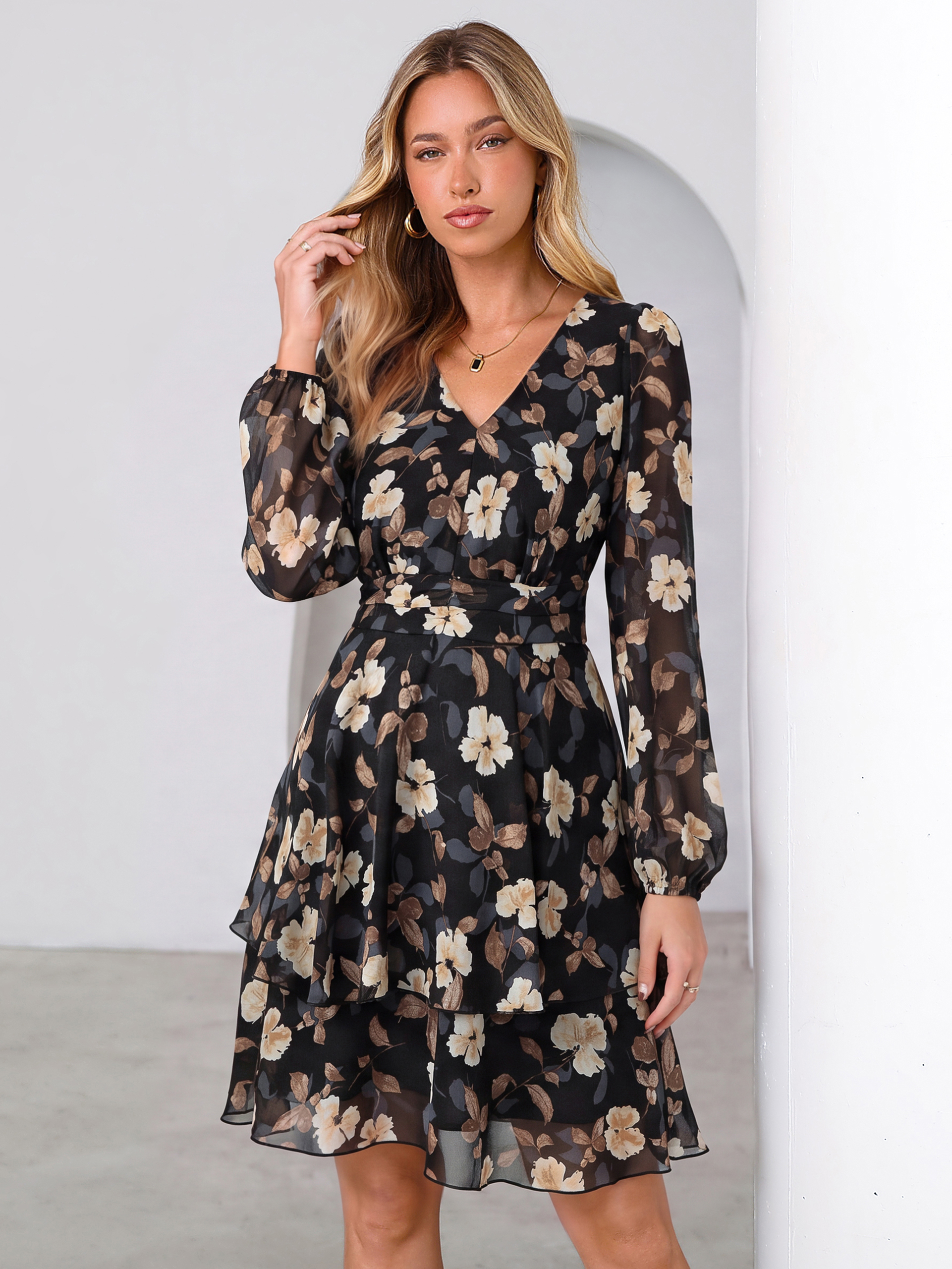 Long Sleeve Floral Chiffon A-Line Mini Dress