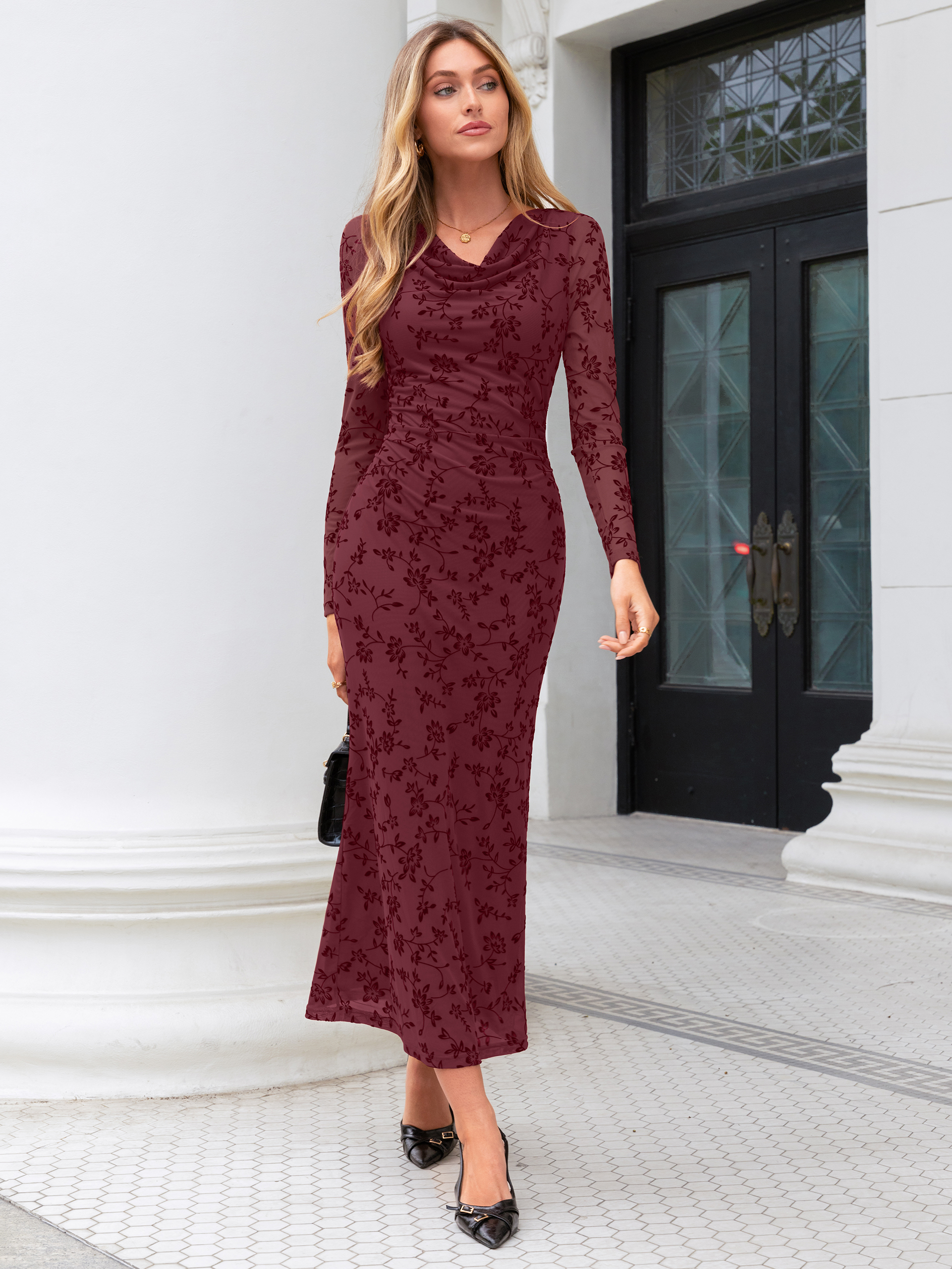 Floral Jacquard Mesh Cowl Neck Bodycon Maxi Dress - Burgundy