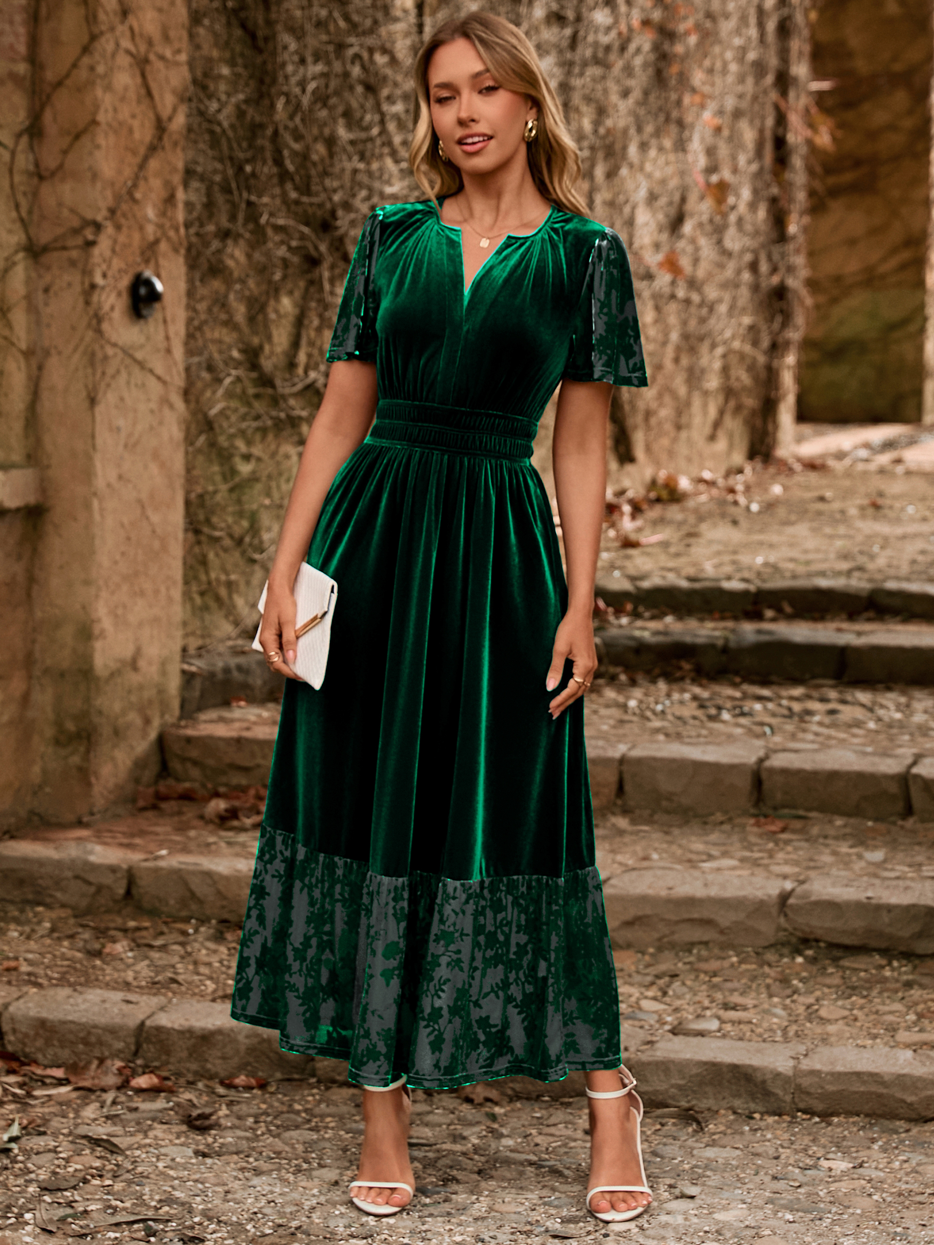 Velvet Floral Burnout V Neck Maxi Dress