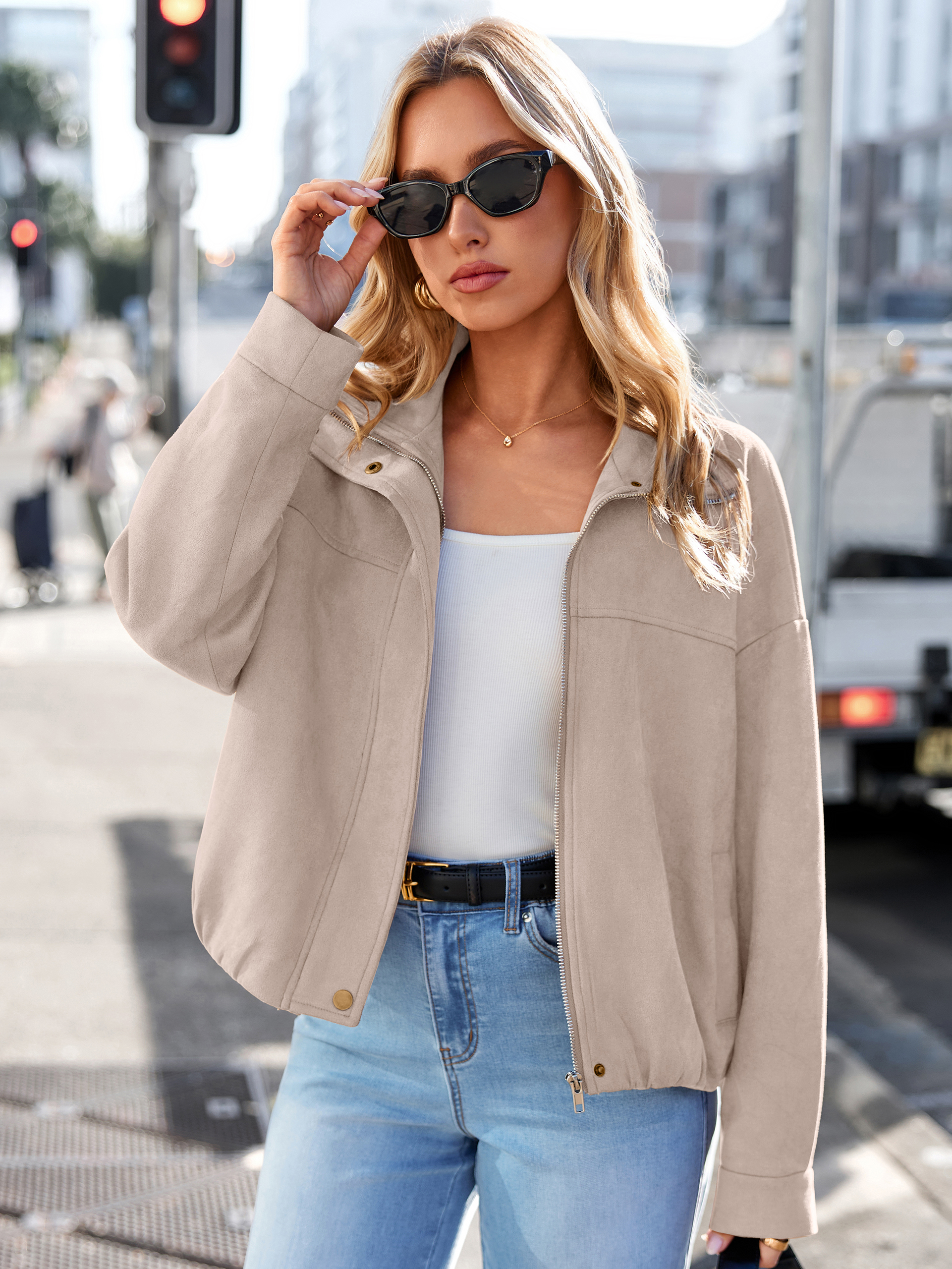 Casual Lapel Zip Front Faux Suede Bomber Jacket