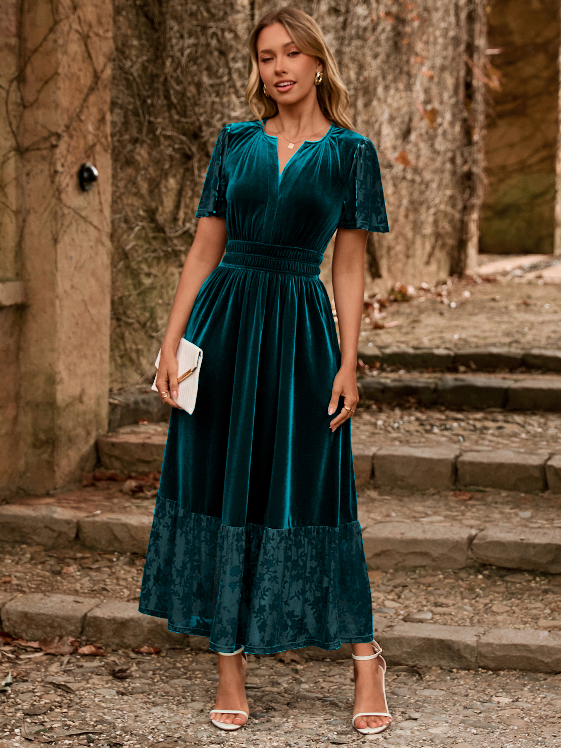 Velvet Floral Burnout V Neck Maxi Dress