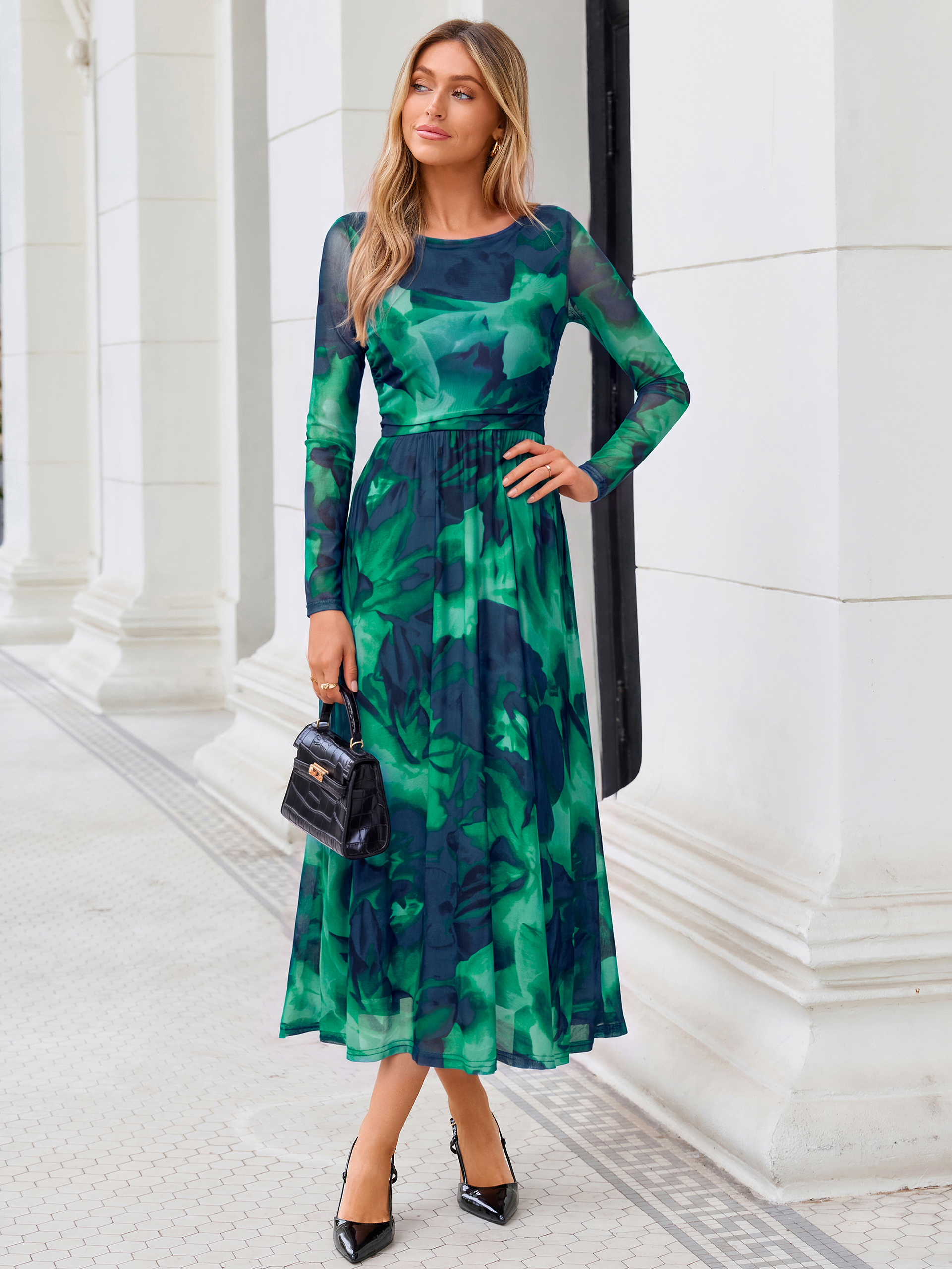 Floral Print Long Sleeve Boat Neck Mesh Maxi Dress