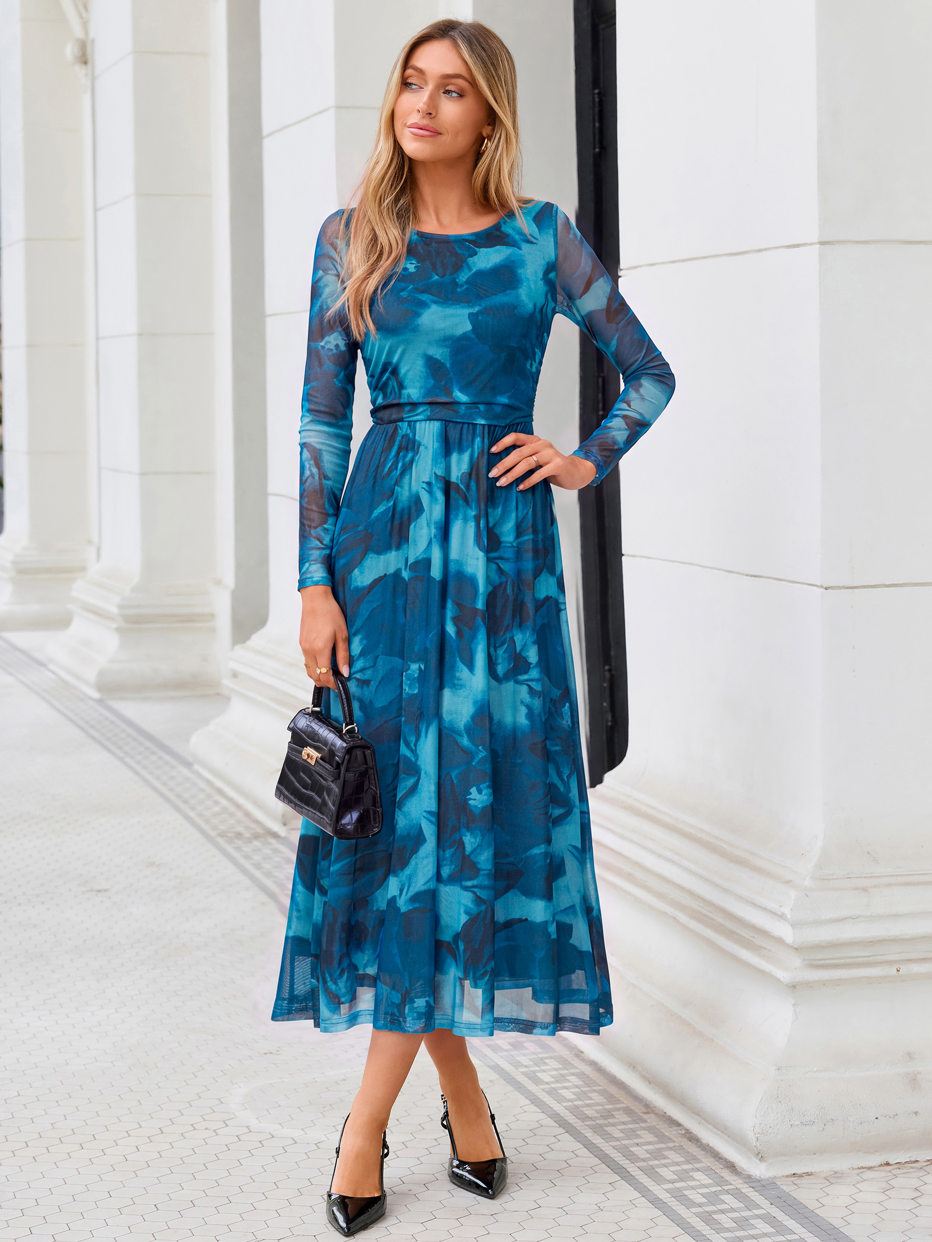 Floral Print Long Sleeve Boat Neck Mesh Maxi Dress