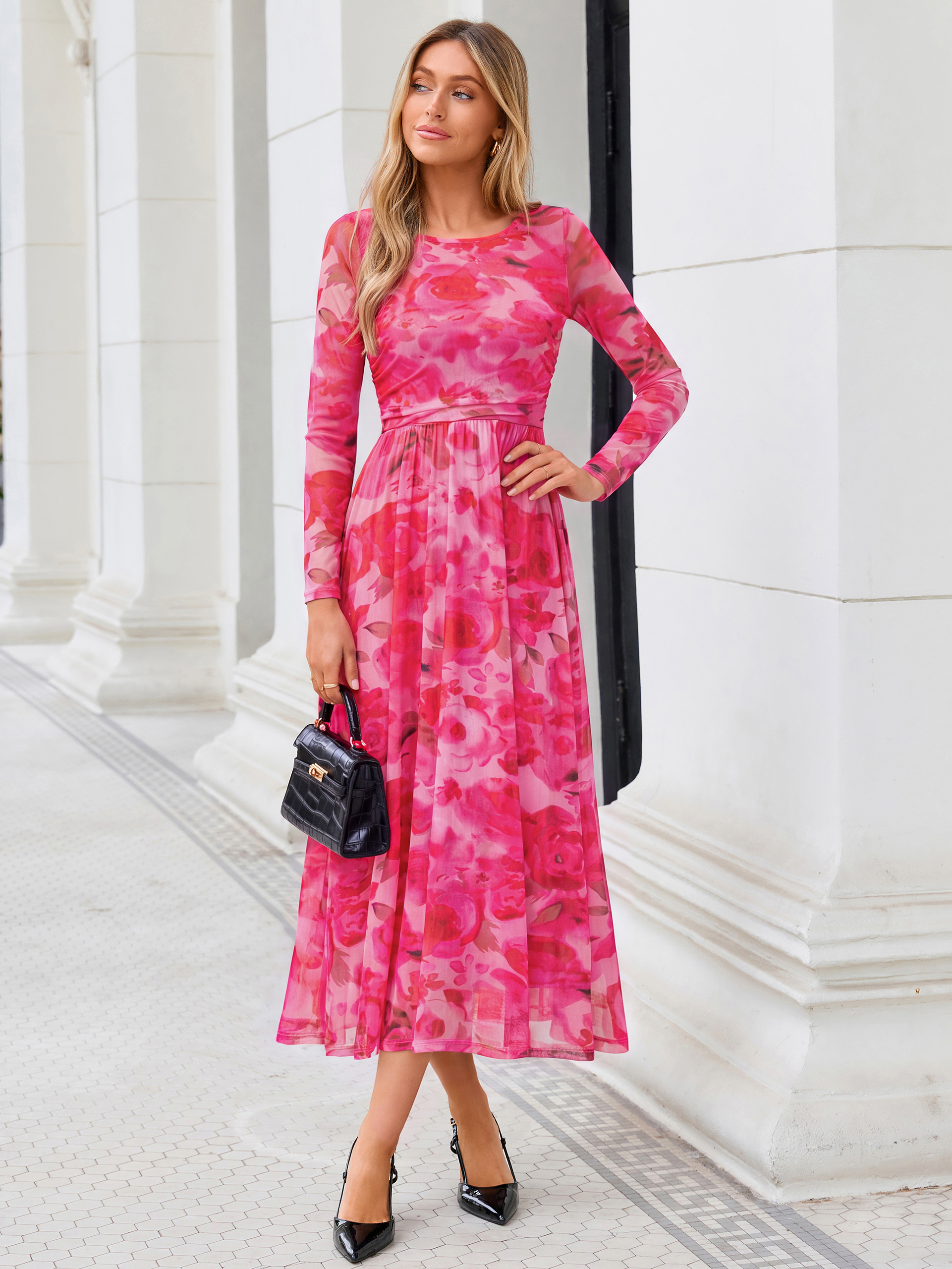 Floral Print Long Sleeve Boat Neck Mesh Maxi Dress