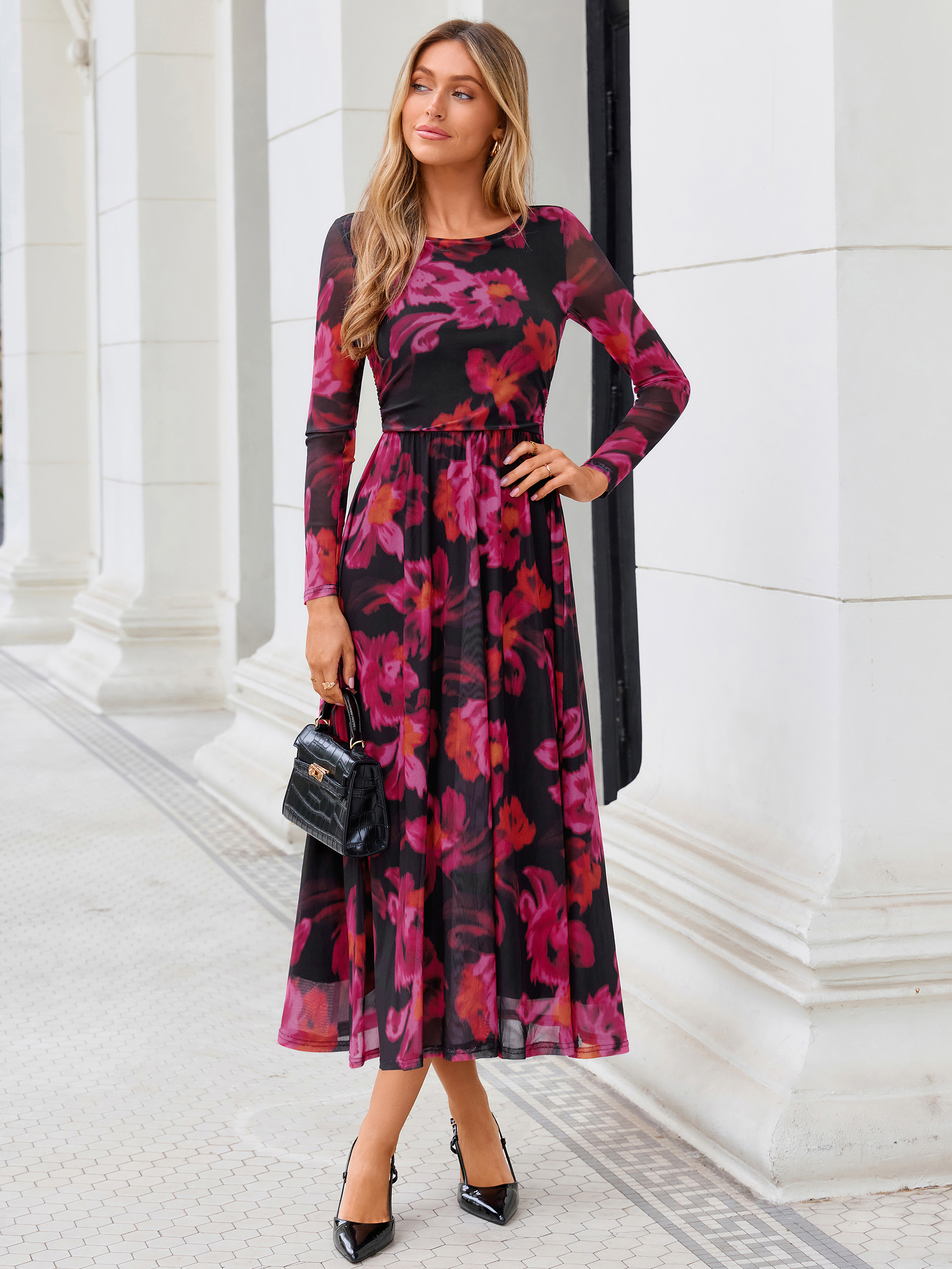 Floral Print Long Sleeve Boat Neck Mesh Maxi Dress
