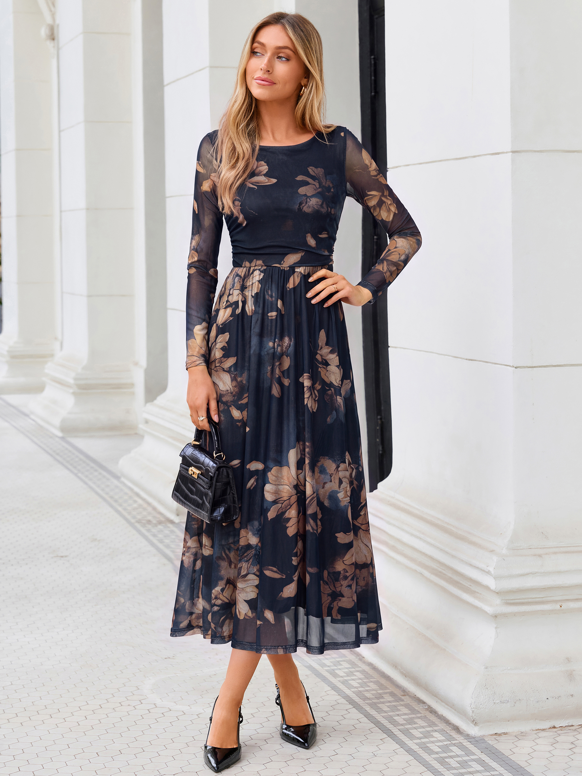 Floral Print Long Sleeve Boat Neck Mesh Maxi Dress