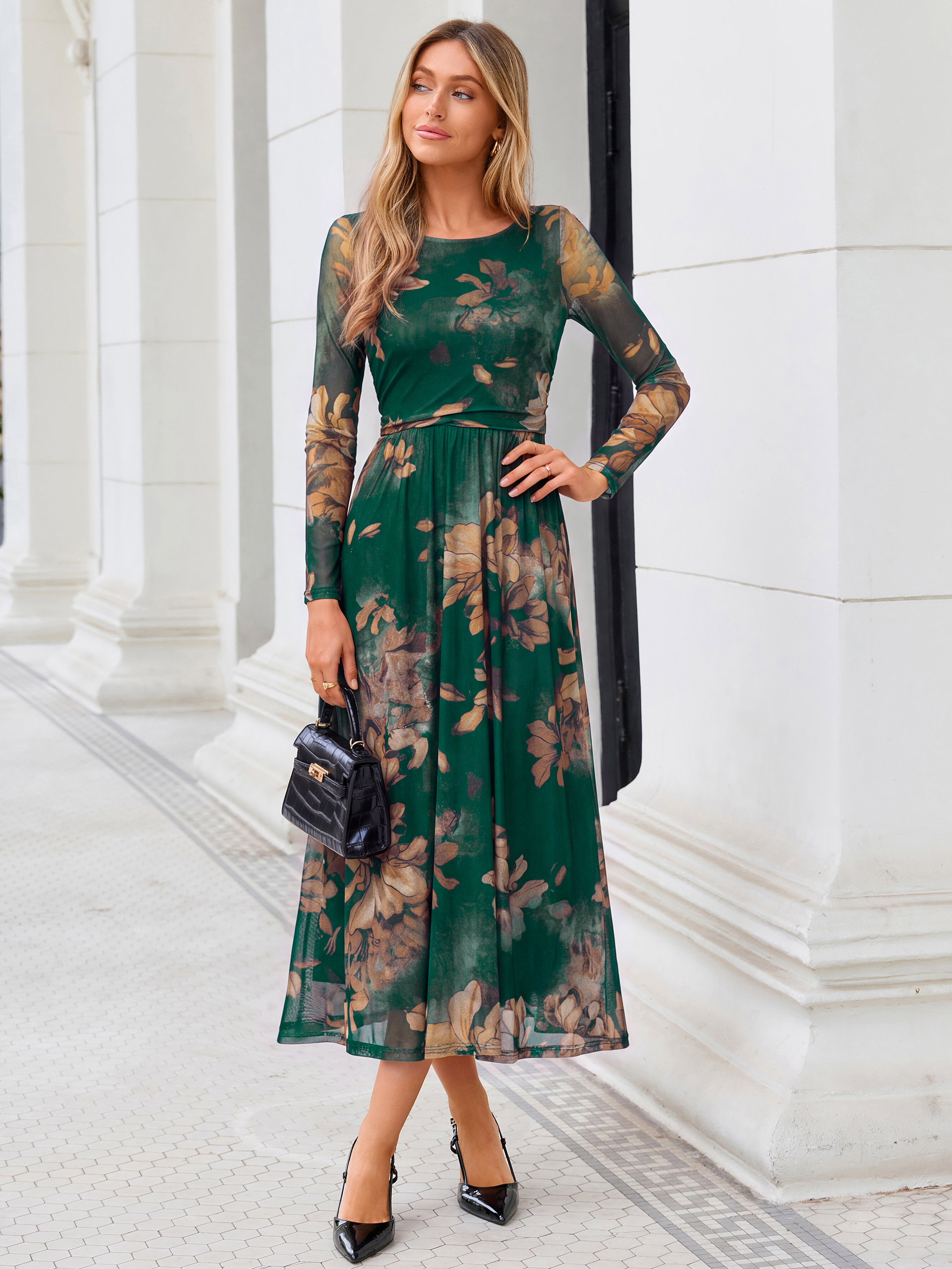 Floral Print Long Sleeve Boat Neck Mesh Maxi Dress