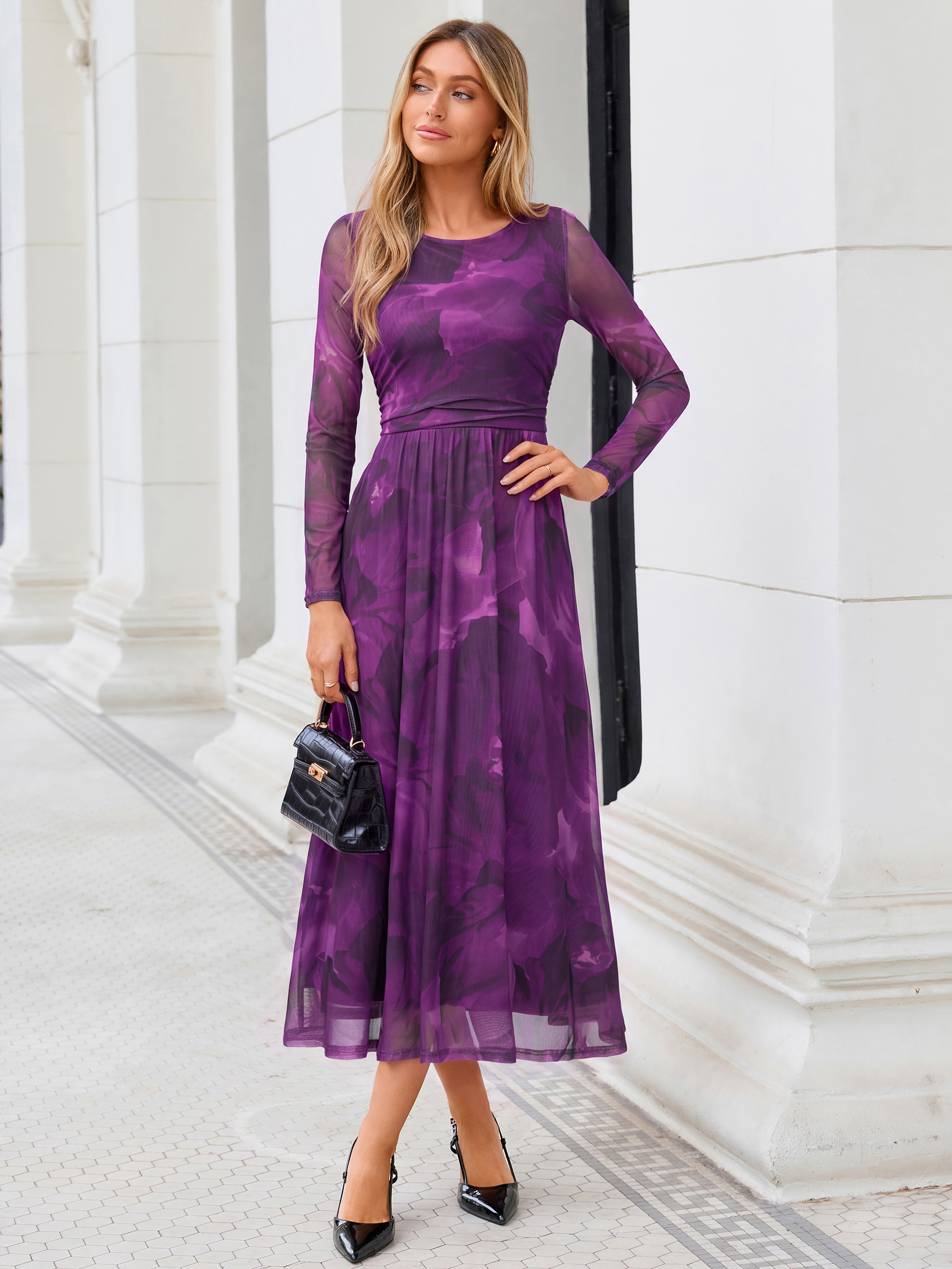 Floral Print Long Sleeve Boat Neck Mesh Maxi Dress