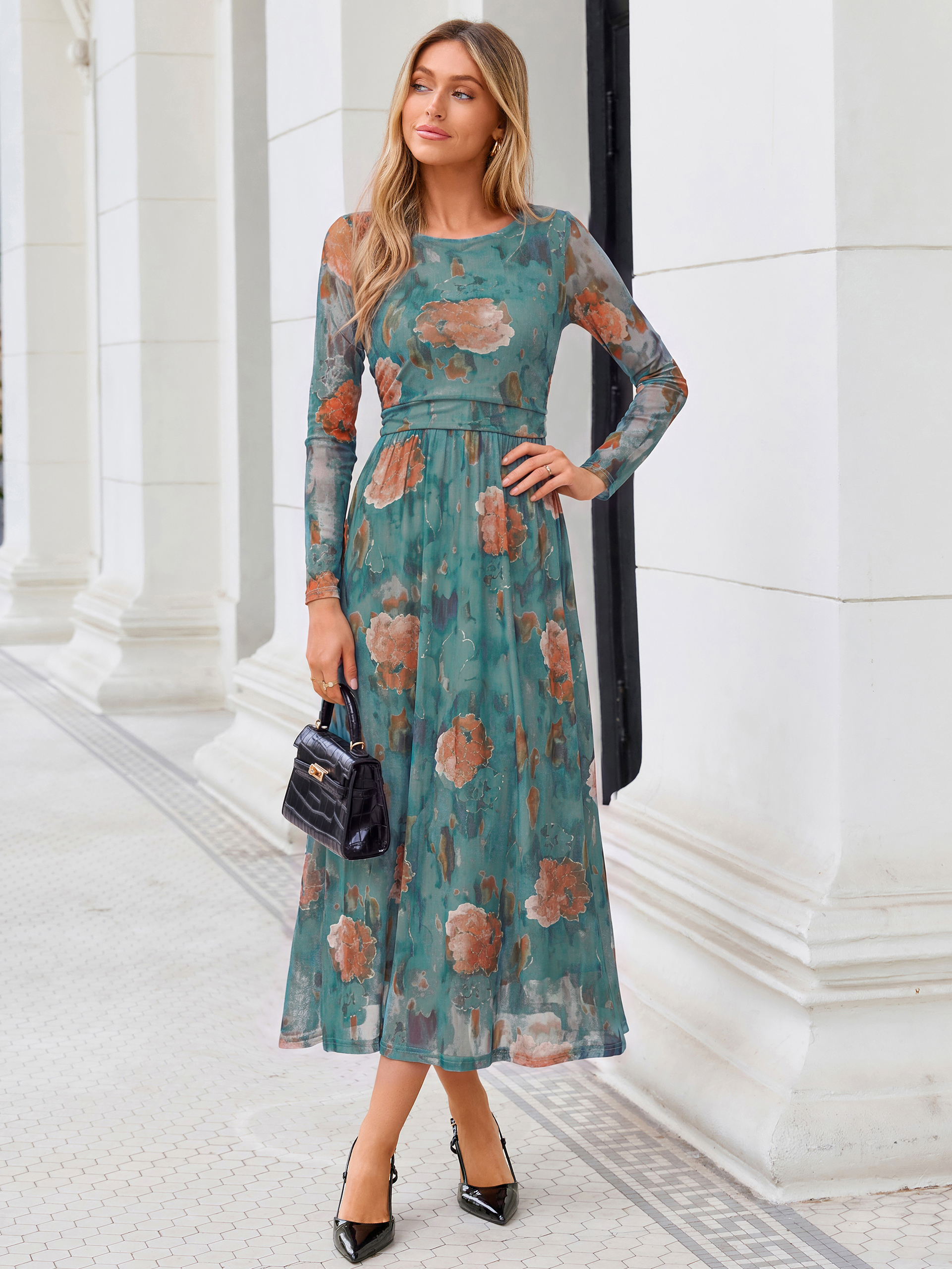 Floral Print Long Sleeve Boat Neck Mesh Maxi Dress