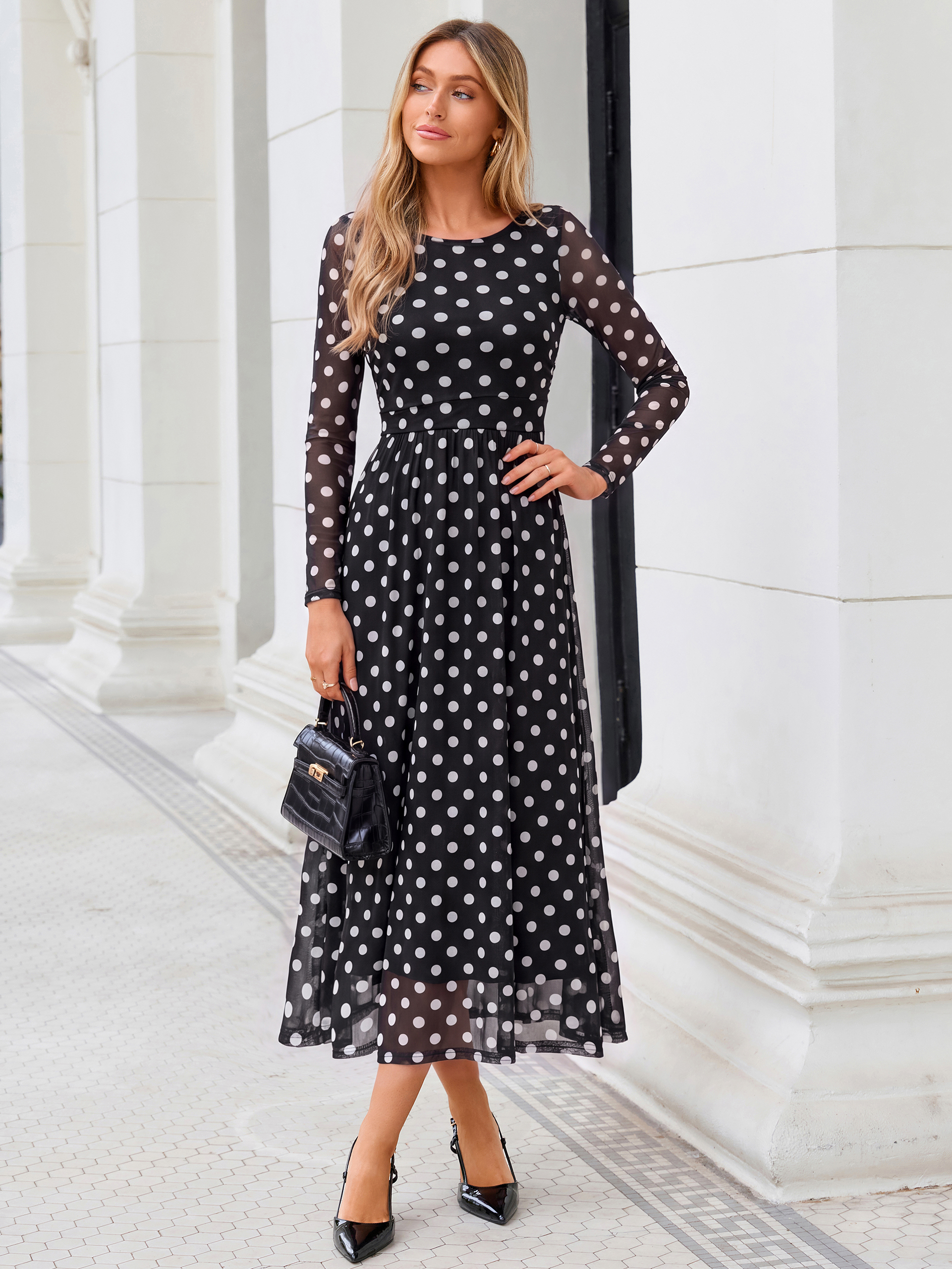 Polka Dot Print Boat Neck Sheer Sleeve Maxi Dress - Black Polka Dots