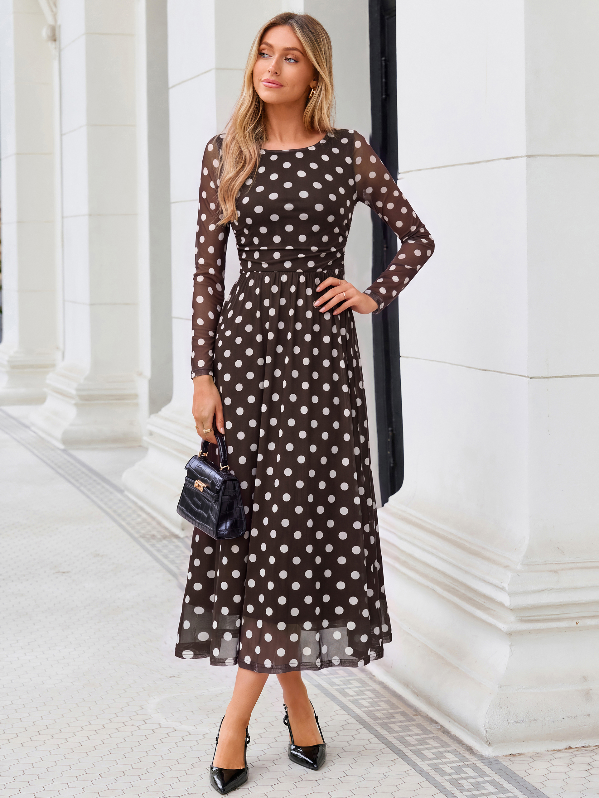Polka Dot Print Boat Neck Sheer Sleeve Maxi Dress - Coffee Polka Dots