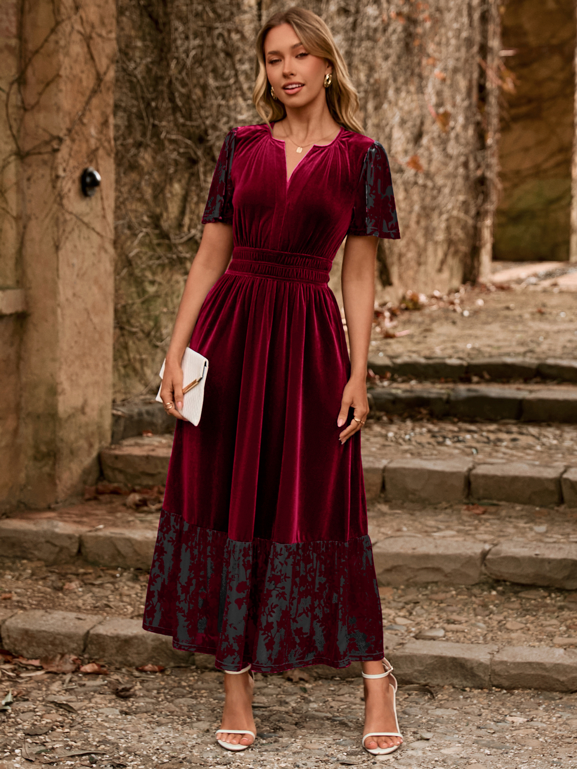 Velvet Floral Burnout V Neck Maxi Dress