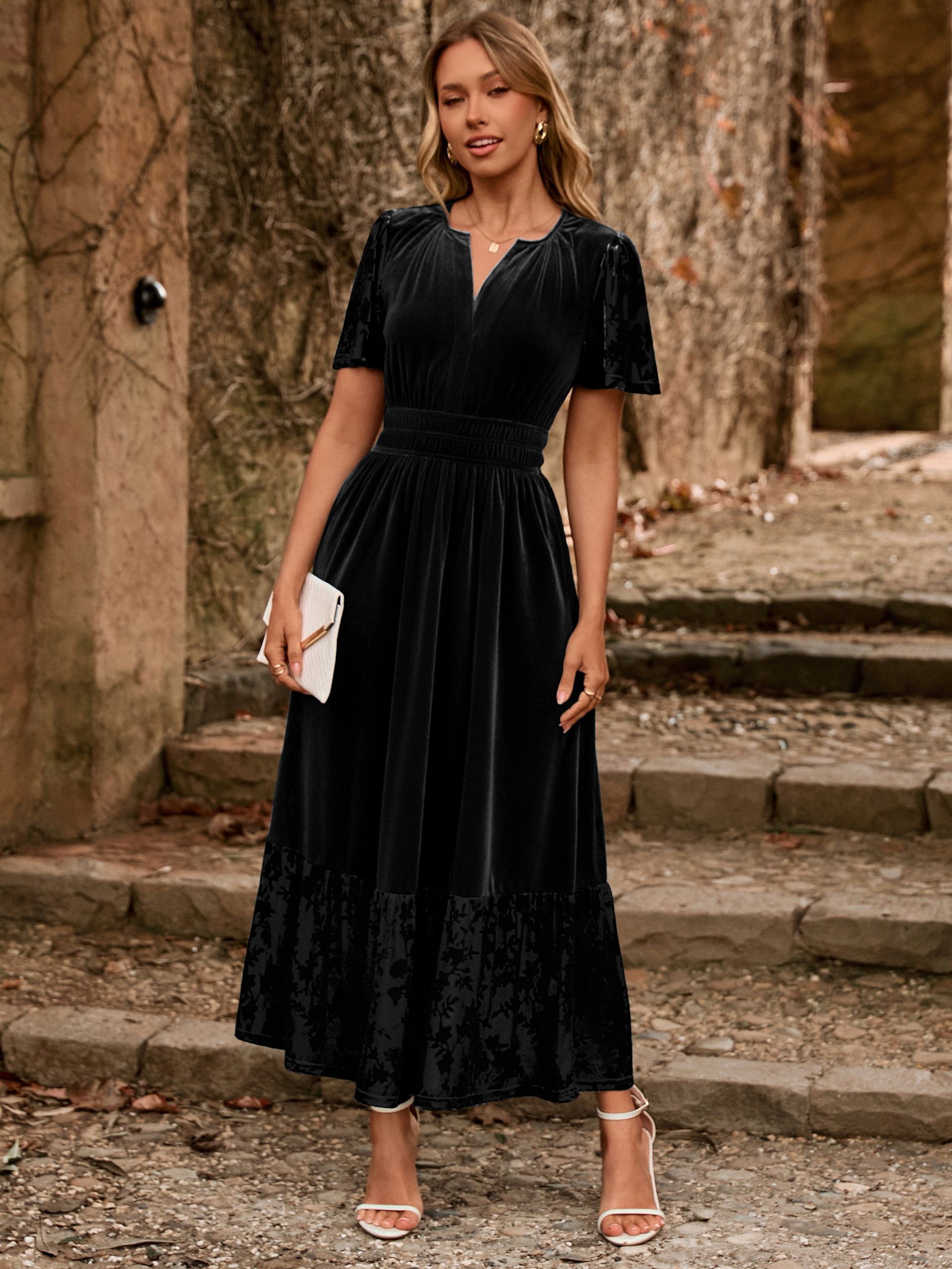 Velvet Floral Burnout V Neck Maxi Dress