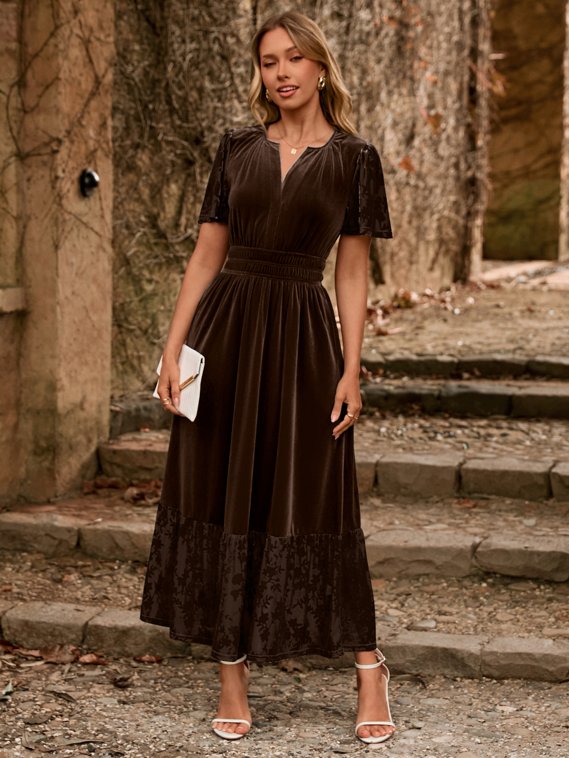 Velvet Floral Burnout V Neck Maxi Dress