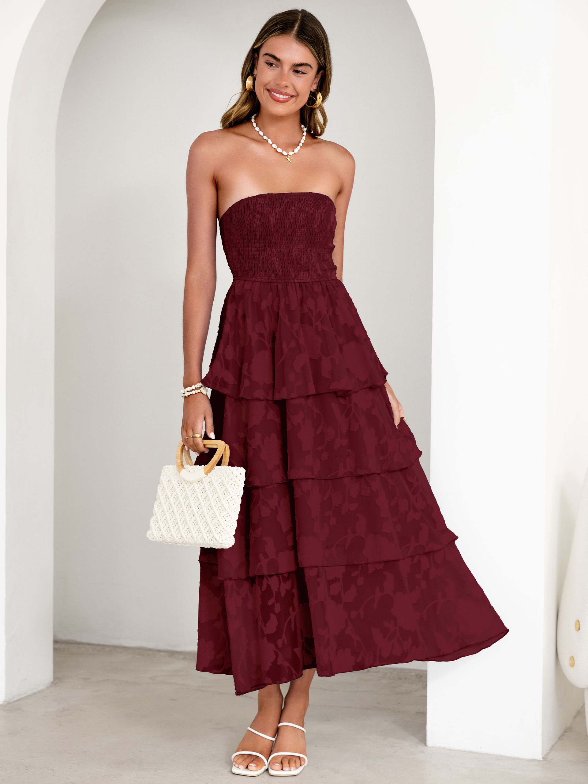 Floral Strapless Smocked Tiered Maxi Dress