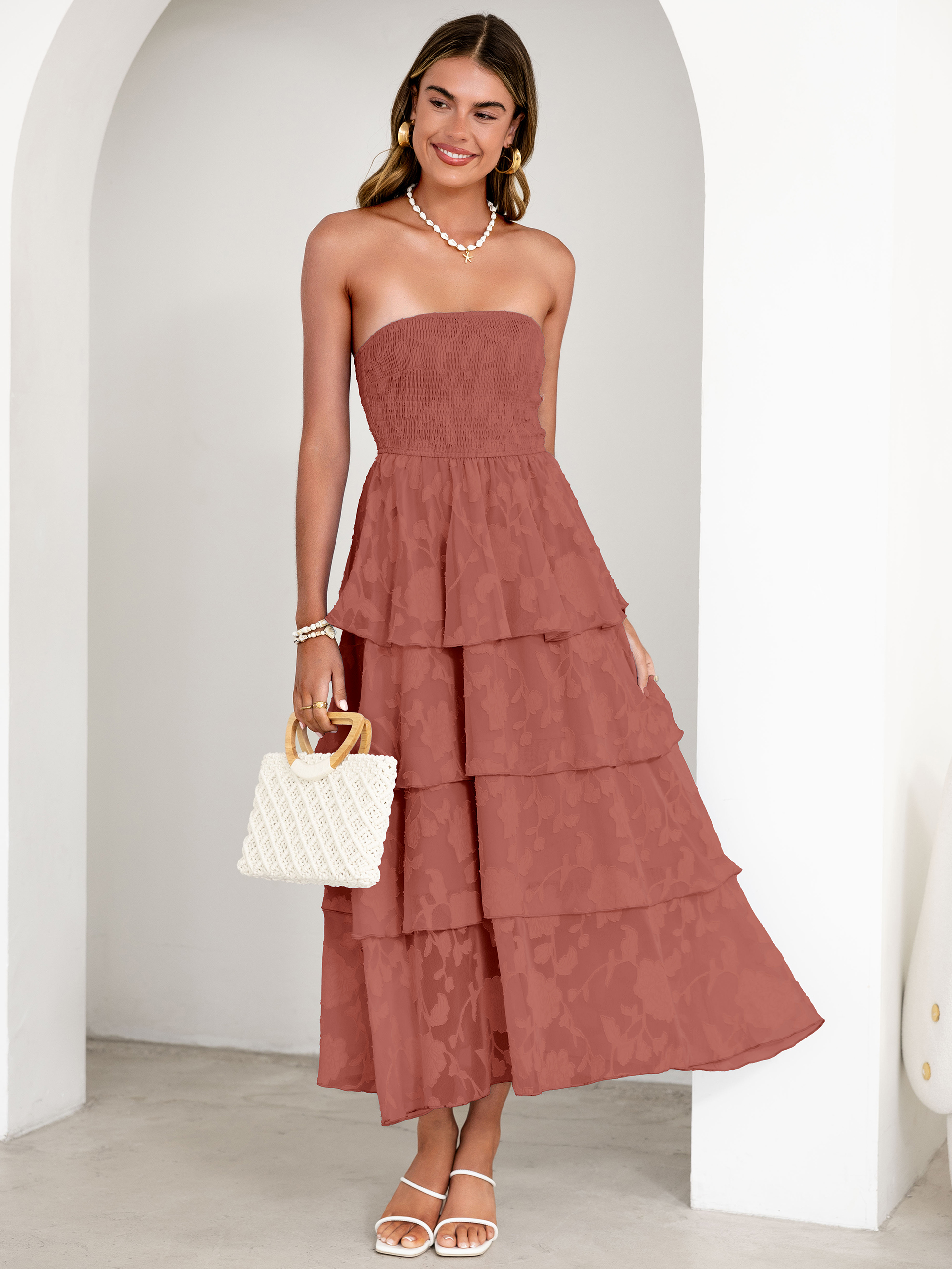 Floral Strapless Smocked Tiered Maxi Dress - Roseous