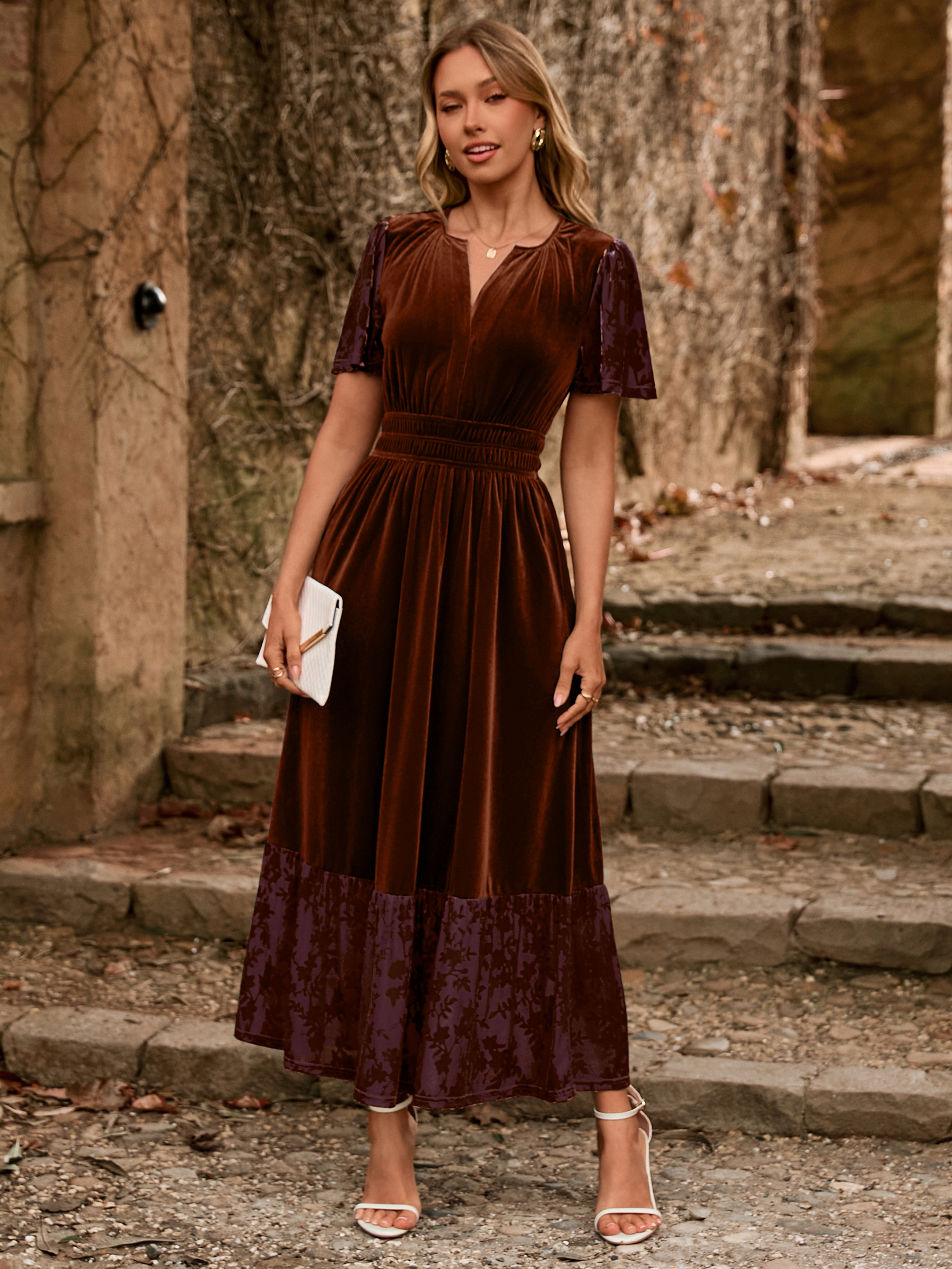 Velvet Floral Burnout V Neck Maxi Dress