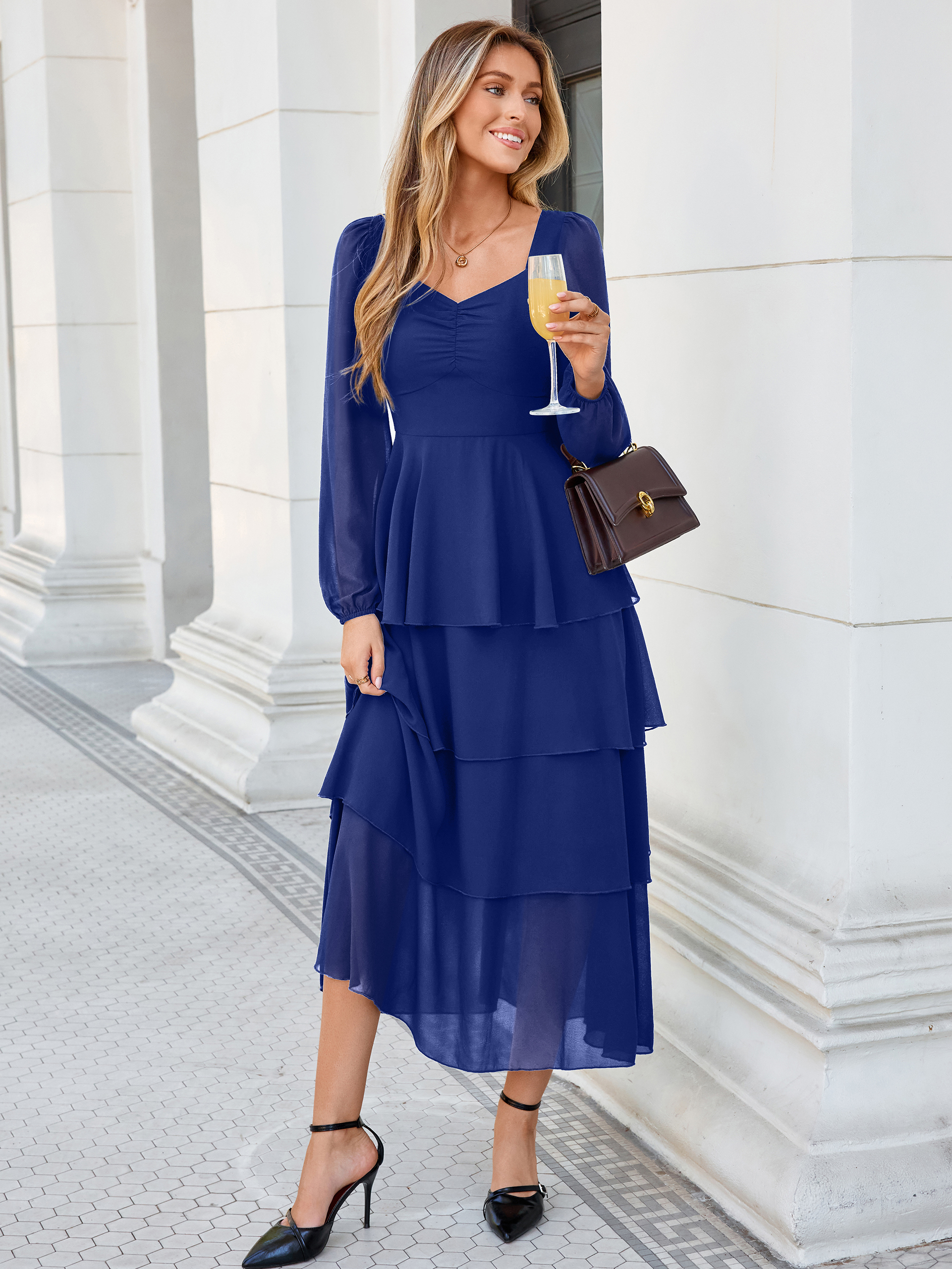 Sweetheart Ruched Long Sleeve Tiered Chiffon Maxi Dress