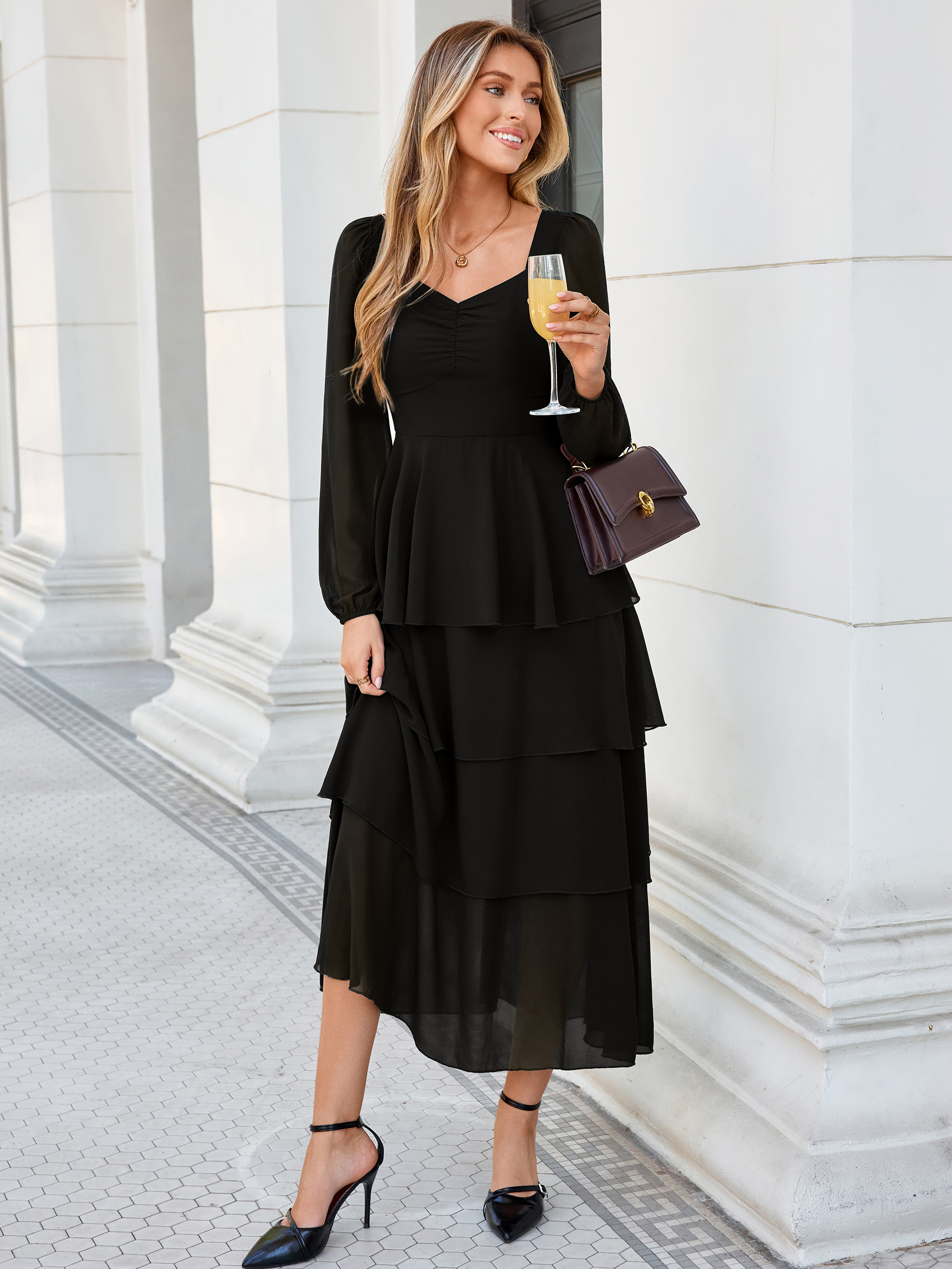 Sweetheart Ruched Long Sleeve Tiered Chiffon Maxi Dress